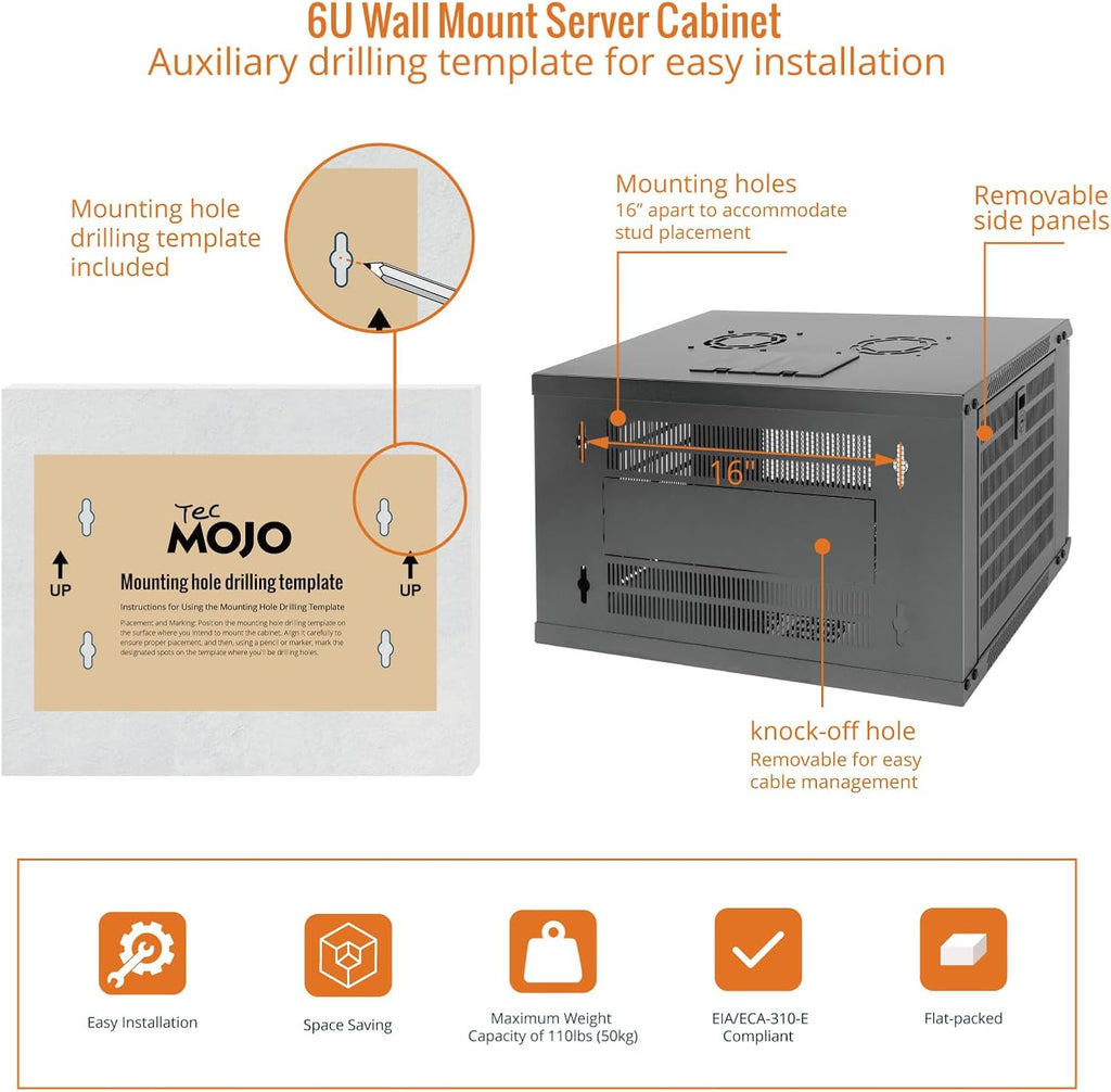 Tecmojo 6U Wall Mount Rack Network Cabinet for 19' IT Equipment,with Lockable Mesh Door and Side Panels,Cooling Fan,450mm Depth (Standard 6U/450mm Deep), Mesh/Black