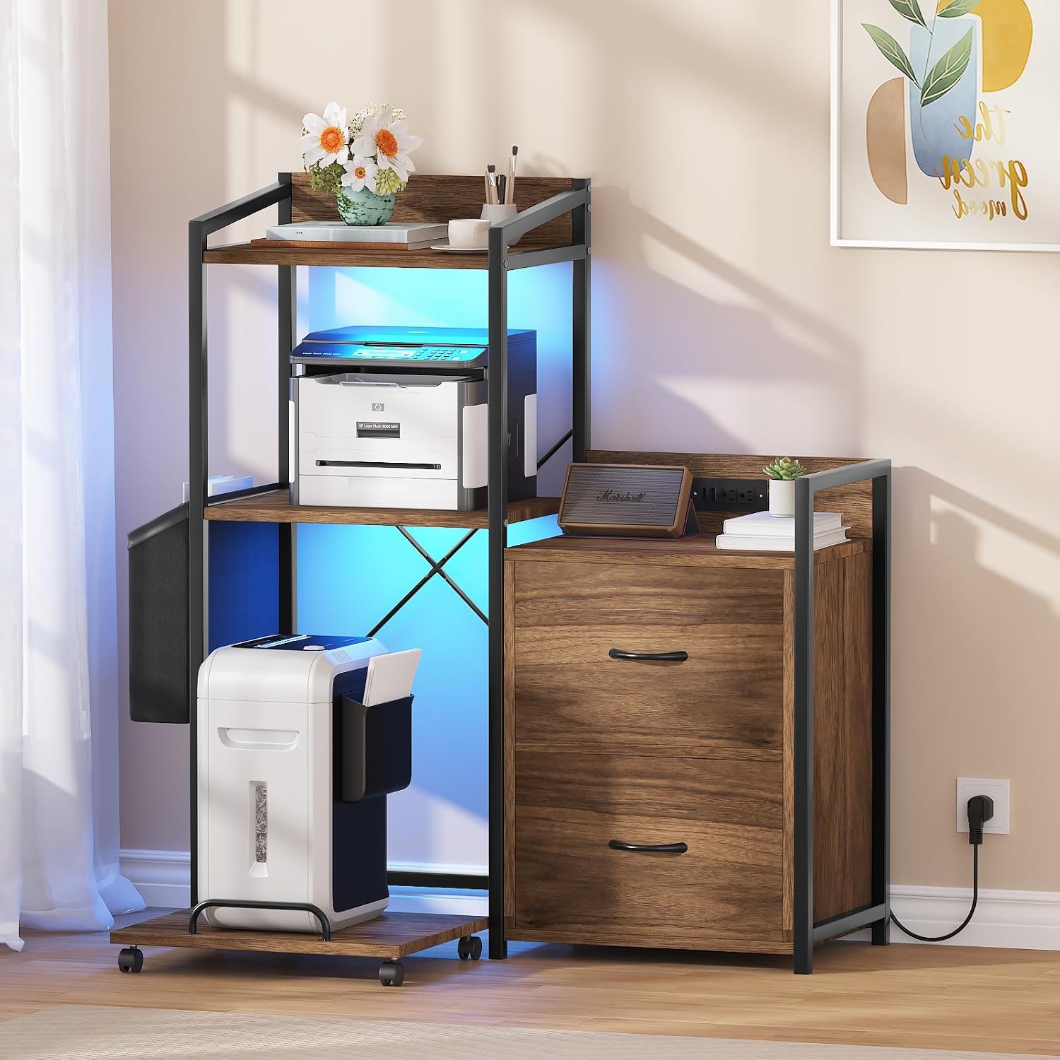 Printer Stand with Storage, 49.2' × 37.8' 3-Tier 3D Printer Table with 2 Drawers, Charging Station & LED Lights, Side Organizer Basket, Rolling Printer Cart for Scanner Fax Office, Rustic Brown