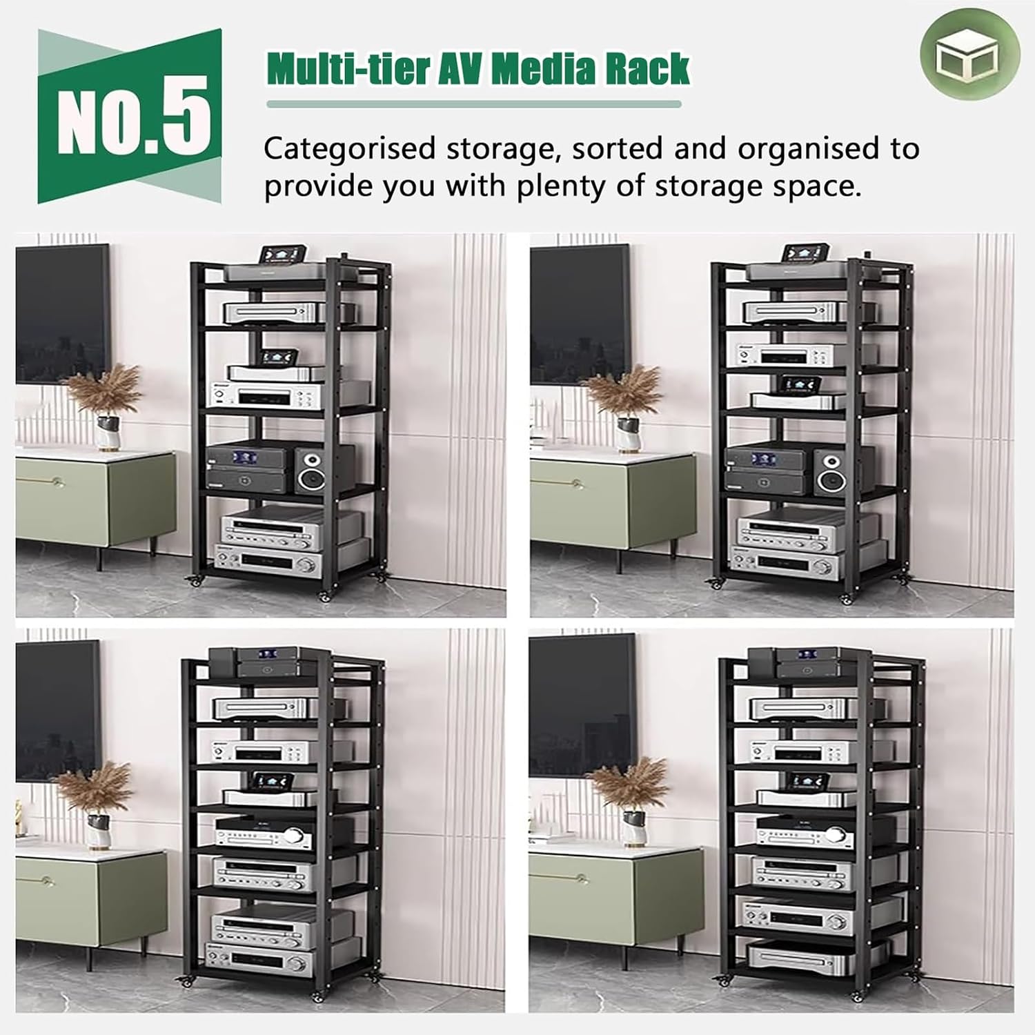 Audio Equipment Rolling Cart 5 6 7 8 Tier Media Storage Shelf for Radio - Stereo - TV Box - Cable Box - WiFi Router - Stereo Cabinet Wood, Multi-Function Open Storage Rack,Black(8 tier -50X40X161CM)