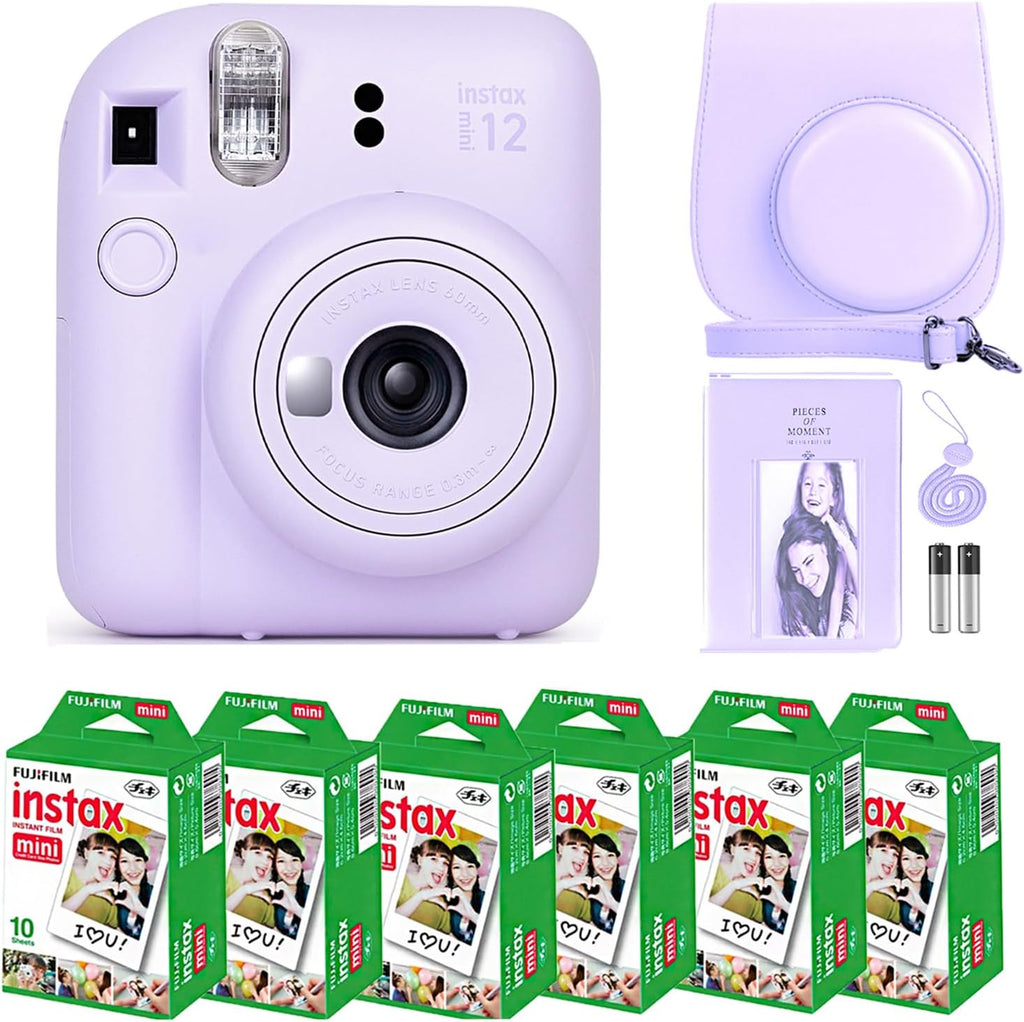 Fujifilm Instax Mini 12 Instant Camera Lilac Purple and Fuji Film Value Pack (60 Sheets) Bundle with Sturdy Tiger Accessories, Carrying Case, Photo Album 64 Pockets.