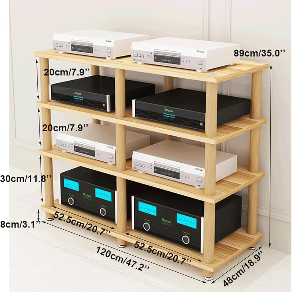 Audio Rack Stereo Rack 2/3/4 Tier Audio Equipment Rack Wooden Audio Rack Cabinet HiFi Rack Double Wide Audio Component Rack Durable(Brown,4 Tier)
