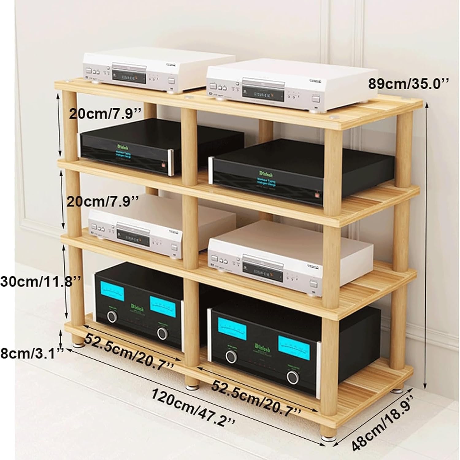 Audio Rack Stereo Rack 2/3/4 Tier Audio Equipment Rack Wooden Audio Rack Cabinet HiFi Rack Double Wide Audio Component Rack Durable(Brown,4 Tier)