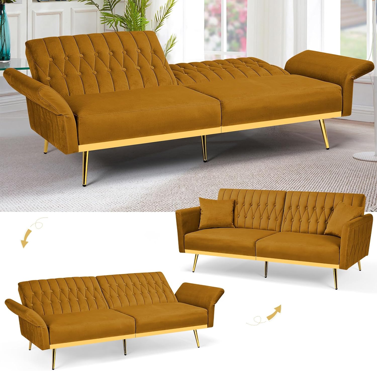 70' Velvet Futon Sofa Bed with 2 Pillows and Adjustable Armrests, Convertible Sleeper Bed W/Adjustable Backrests, Modern Loveseat for Living Room, Bedroom, Ginger