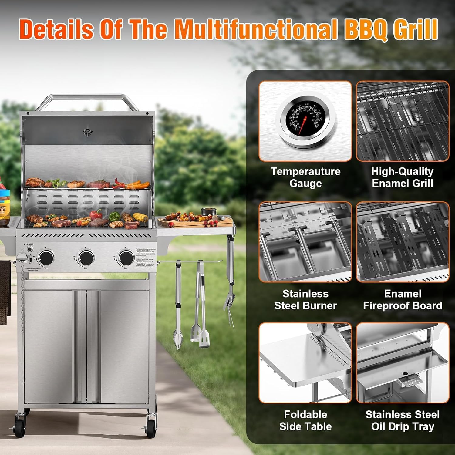 Electactic Propane Gas Grill, 3-Burner 24,000 BTU Stainless Steel BBQ Grill with Foldable Shelf for Outdoor Barbecue and Cooking