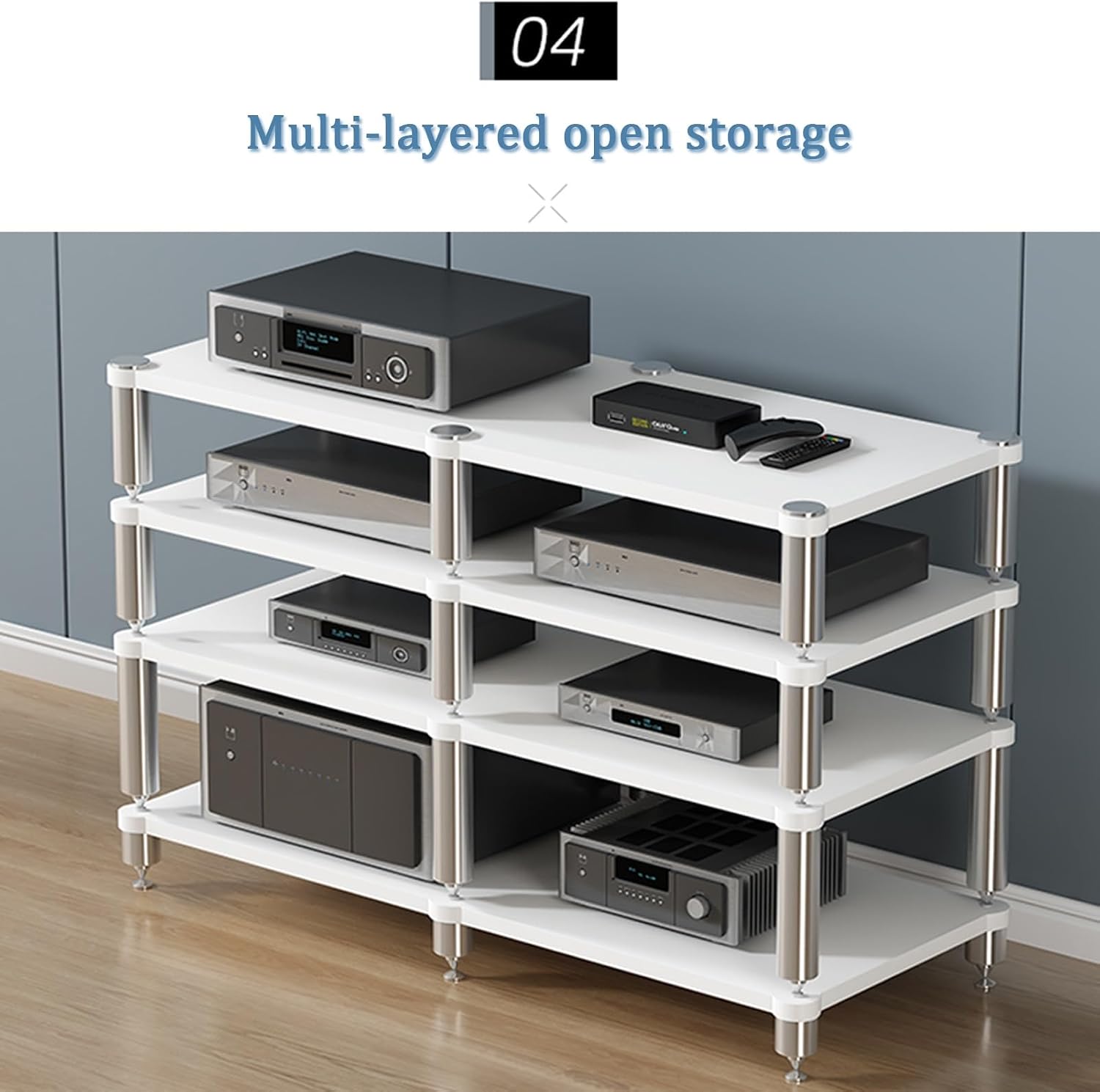 YVYKFZD 2/3/4-Tier AV Media Stand, Stand Audio Rack Corner Component Cabinet, Open Stereo Cabinet with Shock-Absorbing Feet, Power Amplifier Shelf Equipment(Size:Black 4 Tier-47.2'X18.9'X33')