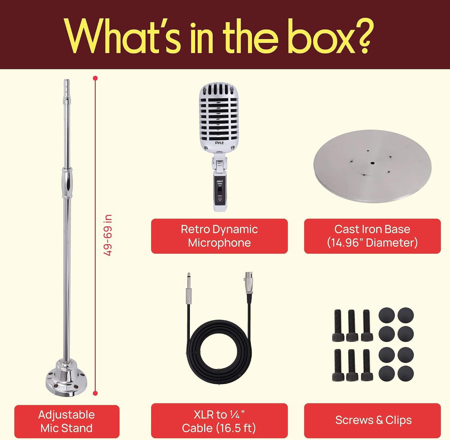 Pyle Retro Microphone, Classic Vintage Style, Unidirectional Audio, Adjustable Stand, XLR Cable, Silver Finish, Dynamic Vocal Performance Mic with 49-69' Swing Stand and Detachable Microphone