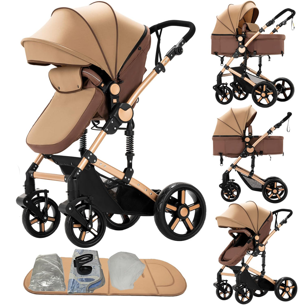 2 in 1 Baby Stroller Convertible Reversible Standard Pram Portable Pushchair Infant Buggy Baby Carriage Foldable High Landscape Pram for Toddler Newborn (2US588-KHAKI)
