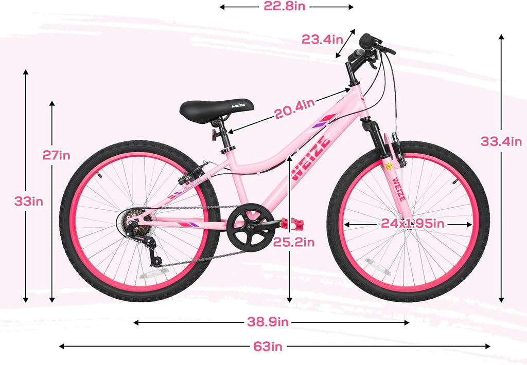 WEIZE 20 24 Inch Kids Mountain Bike,Kids Bike for Girls Age 6-14 Year Old,6 Speed Kid Bicycle with Front Suspension Fork,Adjustable Seat Height,High-Carbon Steel Frame,Ideal for Girl Adventurers