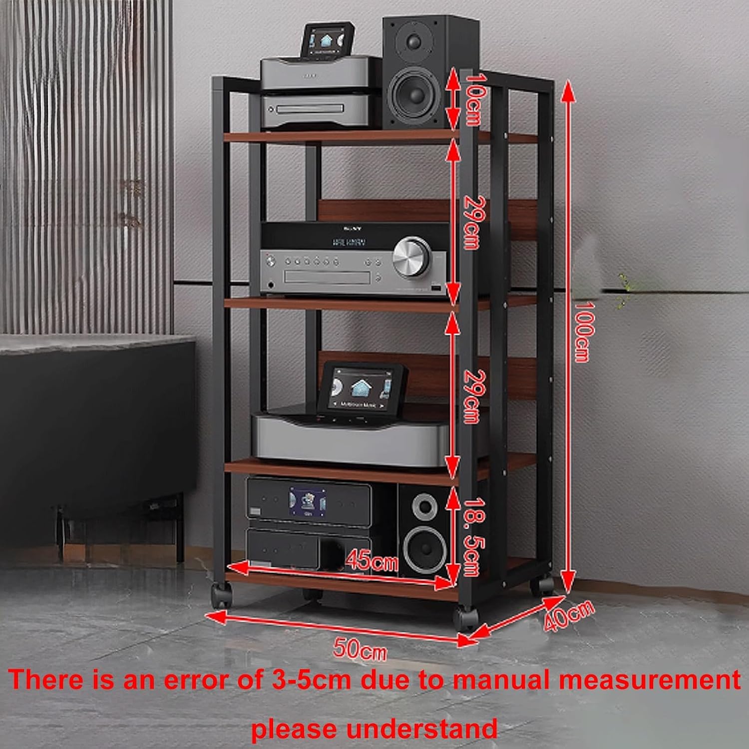 Audio Storage Rack, Audio Rack Stand, Audio Rack Tower, Rack Audio Tower Modern with Universal Wheels for Audio Equipments 50 * 40 * 100cm 3 Colors(Brown+Black,4 Layer)