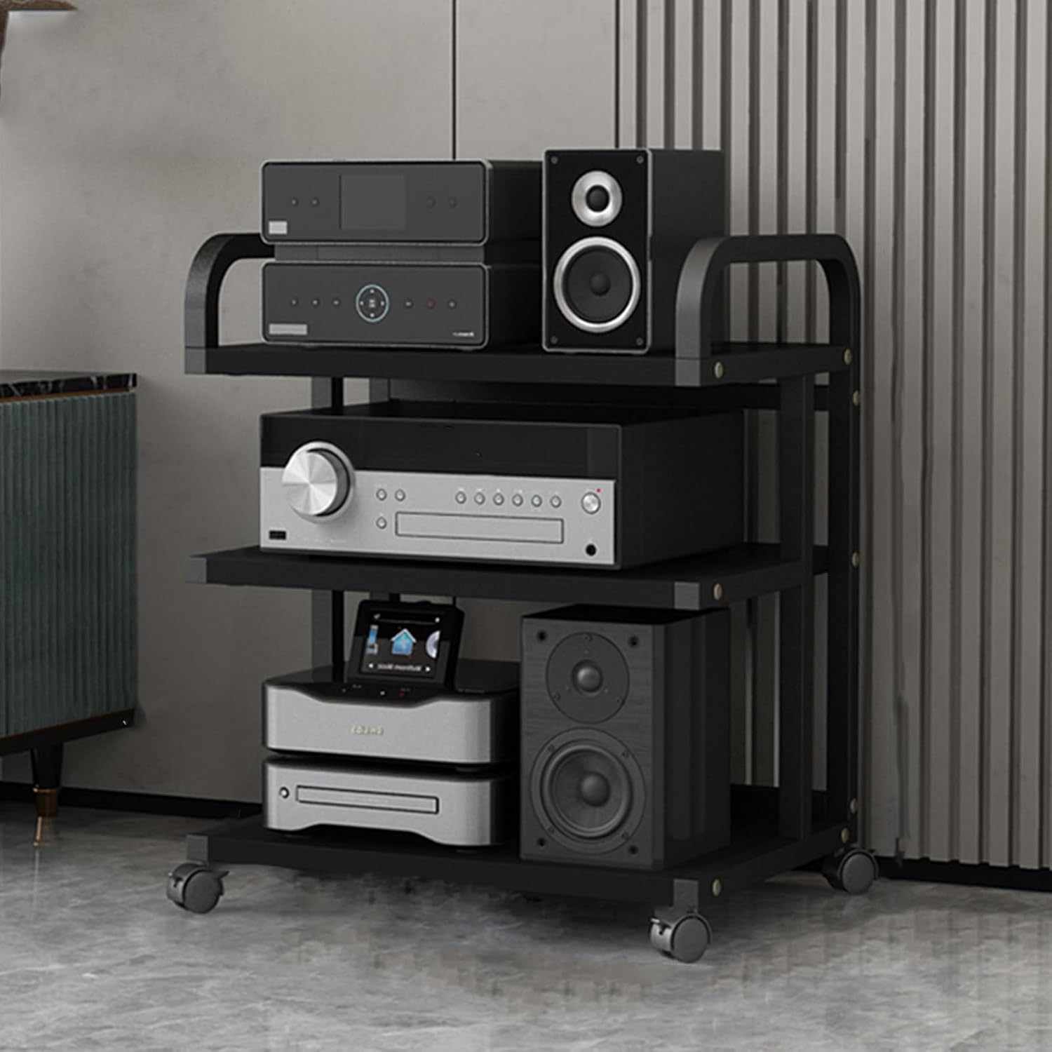 3/4/5-tier av media stand,stereo cabinet,audio rack,audio-video shelving,stereo stand,audio stand,av cabinet,stereo stands for living room,audio rack cabinet,stereo rack,audio cabinet,media rack(Black