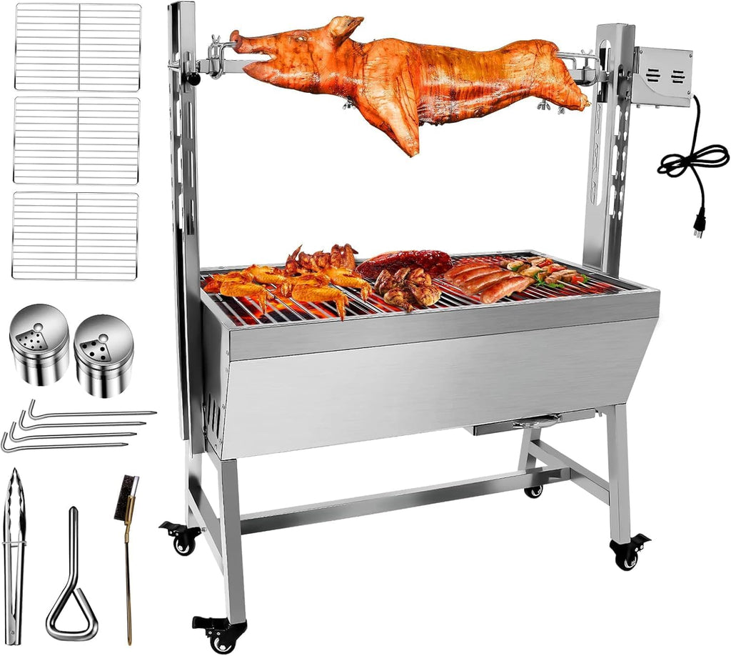 Stainless Steel Rotisserie Grill, 25W Motor Small Pig Lamb Rotisserie Roaster, 37 Inch BBQ Charcoal Grill for Camping Outdoor Kitchen without Baffle