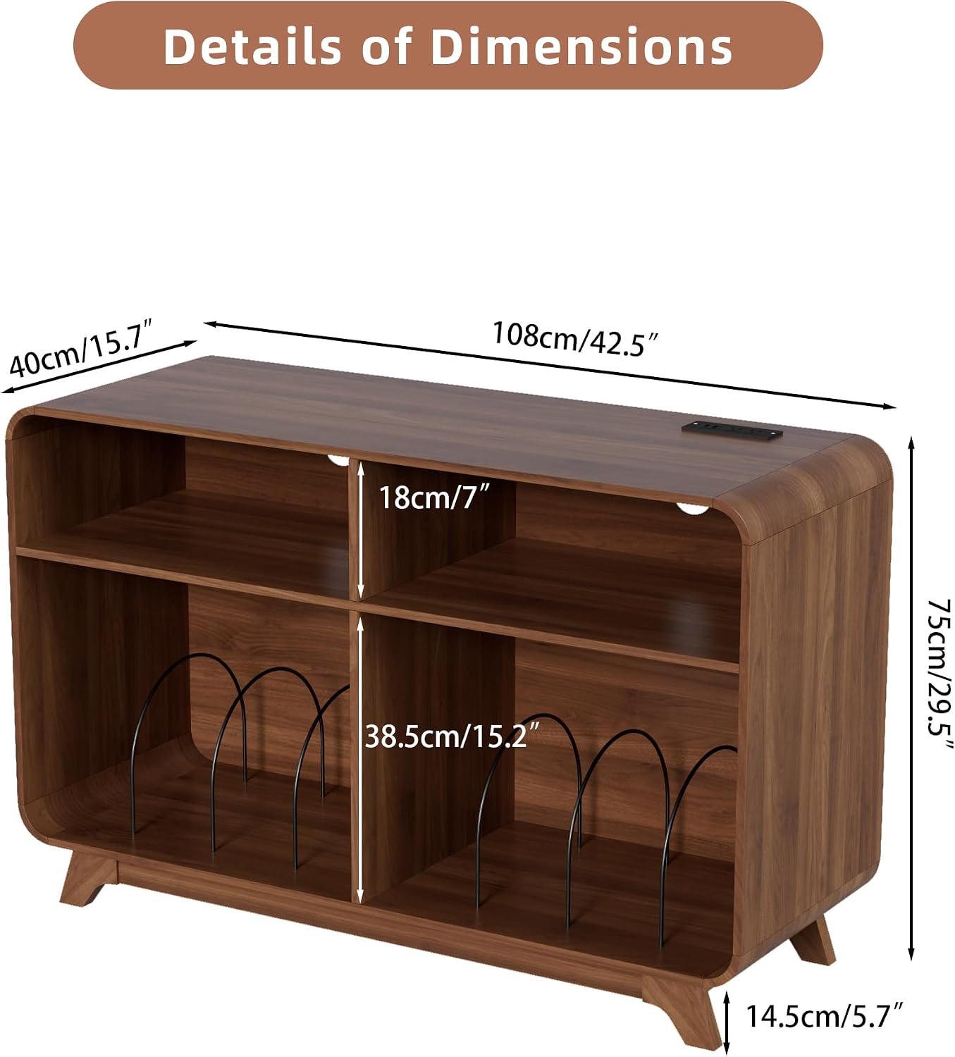 Record Player Stand with Vinyl Storage Cabinet with Charging Station & USB Ports, Turntable Stand Table Holds Up to 350 Albums, Curved Vinyl Record Cabinet for Living Room (Walnut, 42.5-inch)