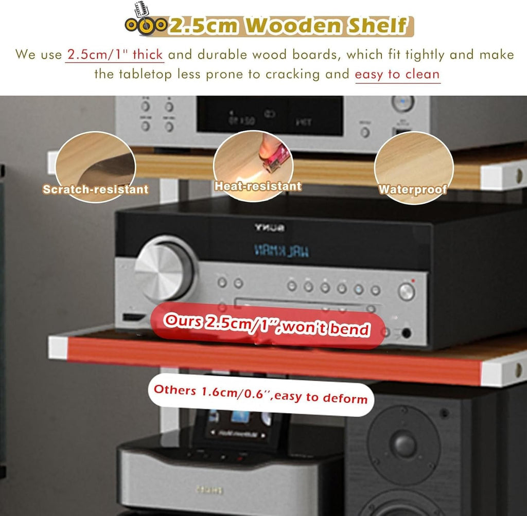 Heavy Duty Wooden Av Media Stand/Hi-fi Rack AudioTower W/Wheels, 5 Tier Audio Rack, for Vocals/Record Player/Stereo Receiver, Electronics Equipment Shelf