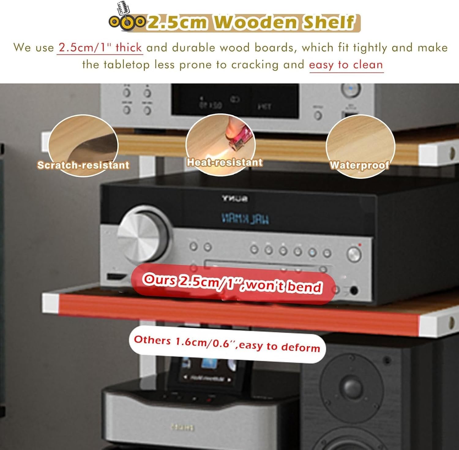 Heavy Duty Wooden Av Media Stand/Hi-fi Rack AudioTower W/Wheels, 5 Tier Audio Rack, for Vocals/Record Player/Stereo Receiver, Electronics Equipment Shelf