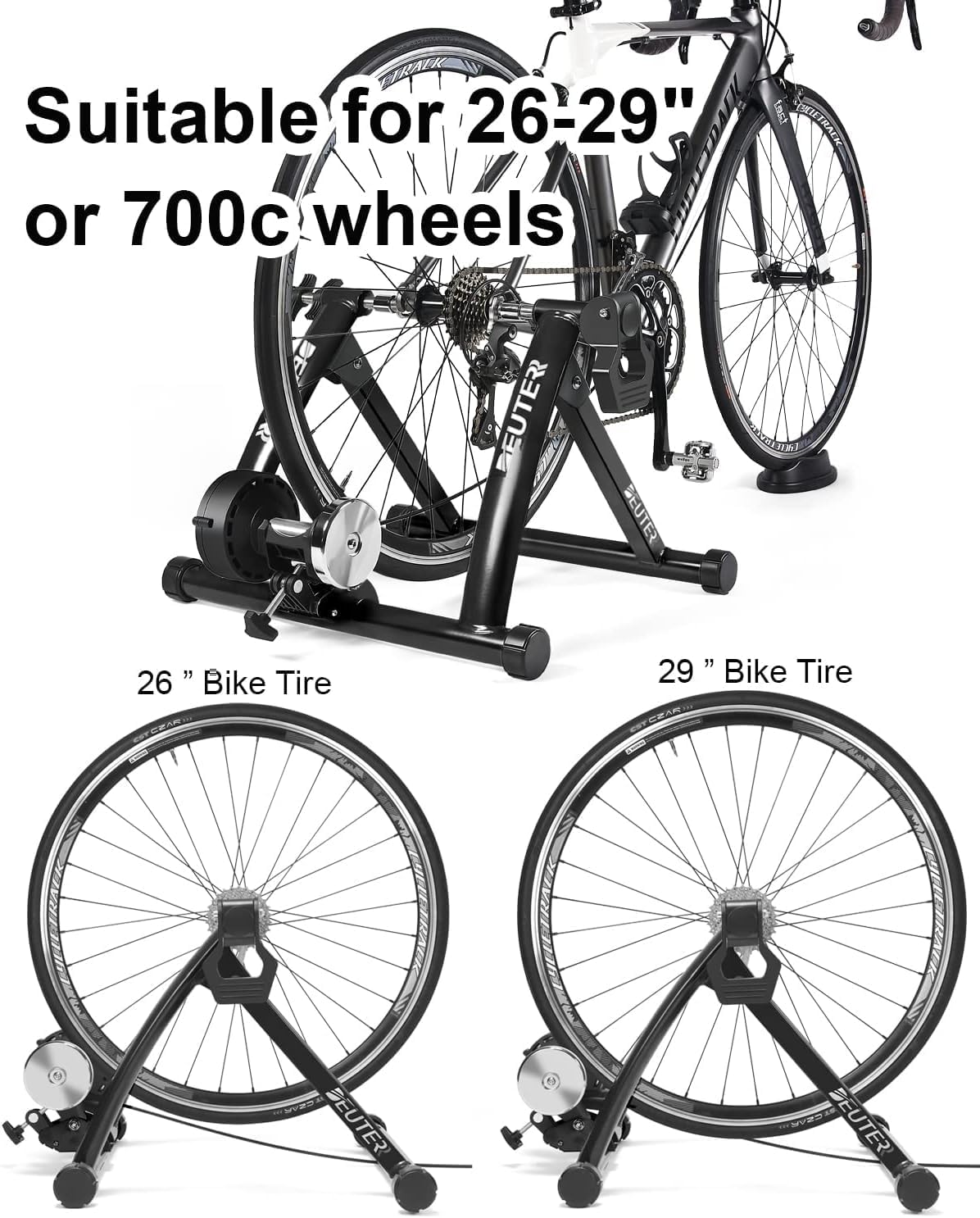 Bike Trainer, Magnetic Bicycle Stationary Stand for Indoor Exercise Riding, 26-29' & 700C Wheels, Quick Release Skewer & Front Wheel Riser Block Included