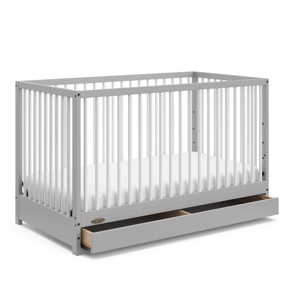 Graco Teddi 5-in-1 Convertible Crib with Drawer – GREENGUARD Gold Certified, Full-Size Nursery Storage Drawer, Baby Crib Converts to Toddler Bed, Daybed and Full-Size Bed (Pebble Gray and White)