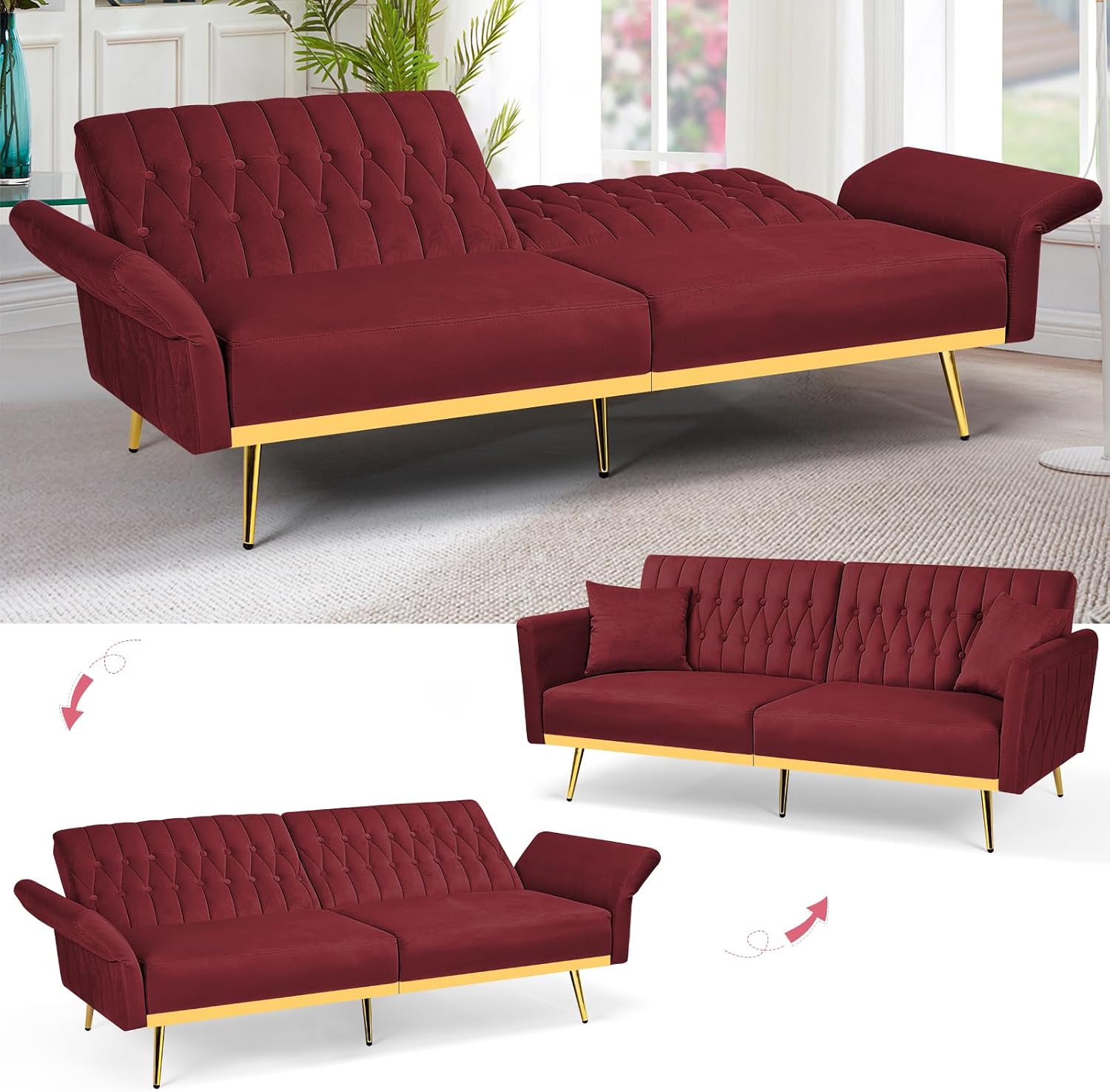 70' Velvet Futon Sofa Bed with 2 Pillows and Adjustable Armrests, Convertible Sleeper Bed W/Adjustable Backrests, Modern Loveseat for Living Room, Bedroom, Red