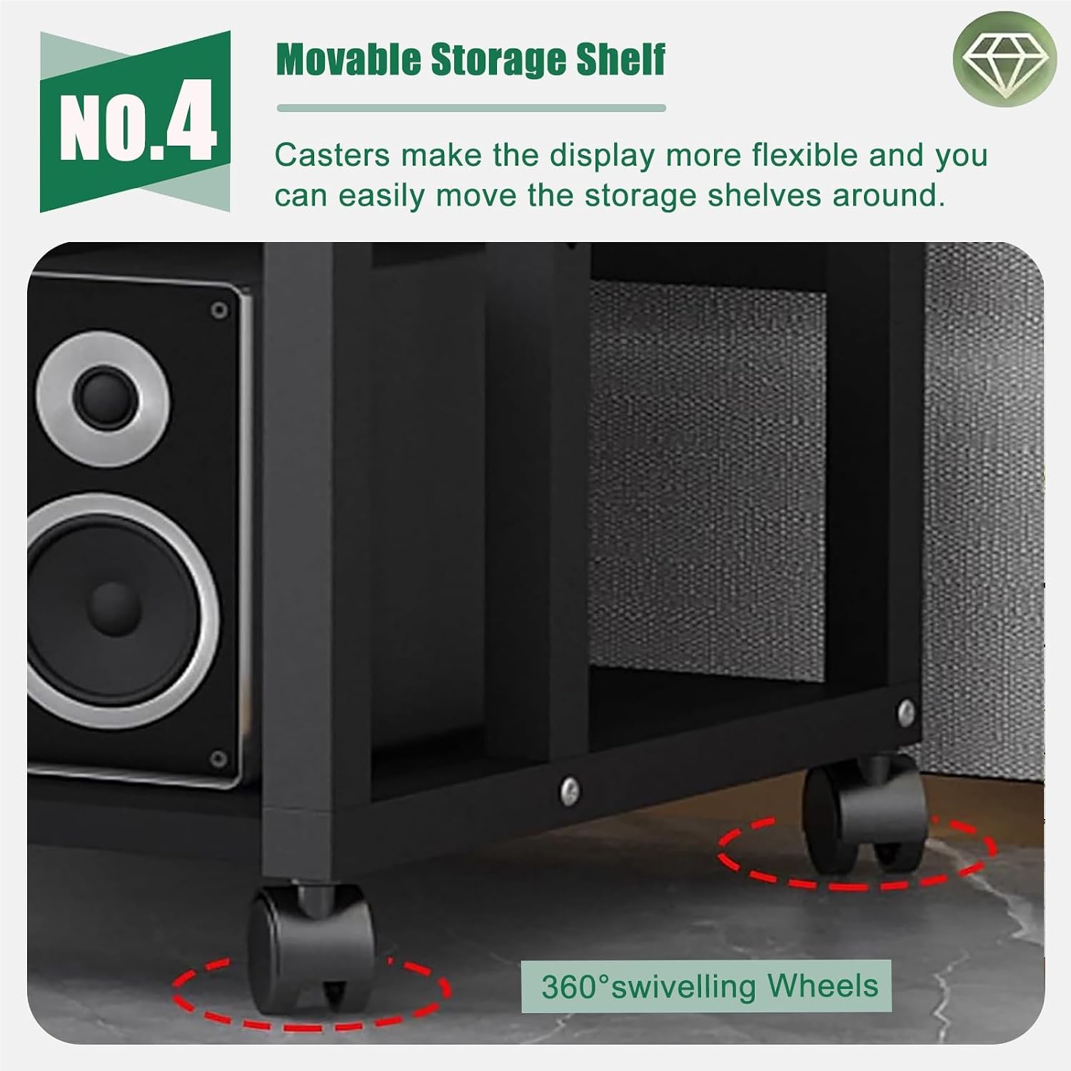 Av Media Stand Stereo Component Cabinet Wood, Audio Equipment Rolling Cart for Grocery Break Room Office, 2/3/4 Tier Shelf Printer TV Box Accessories Storage Rack(50x40x48cm)