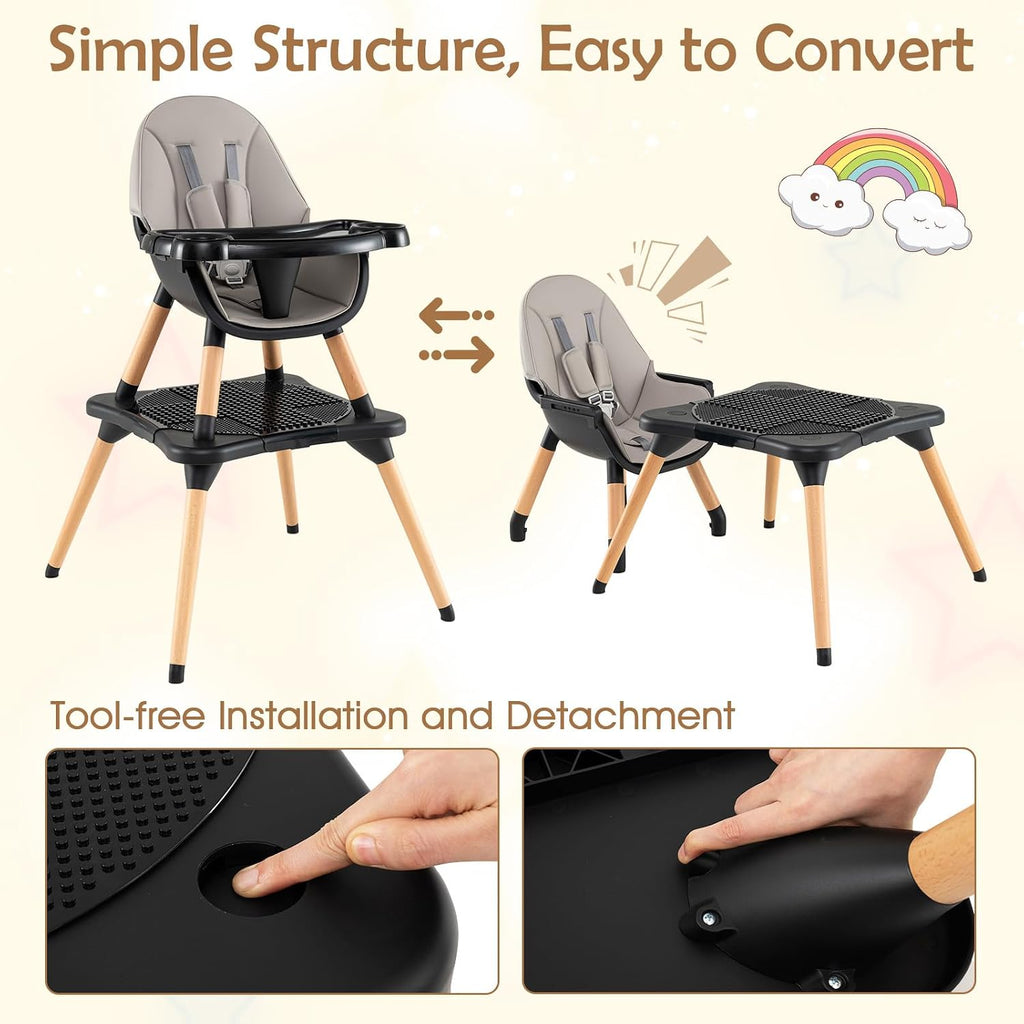 GLACER High Chair, 6-in-1 Convertible Wooden High Chairs for Babies and Toddlers w/Building Block Table, 5-Point Safety Harness, Removable Tray, PU Cushioned Baby High Chair for 6-36 Months (Black)