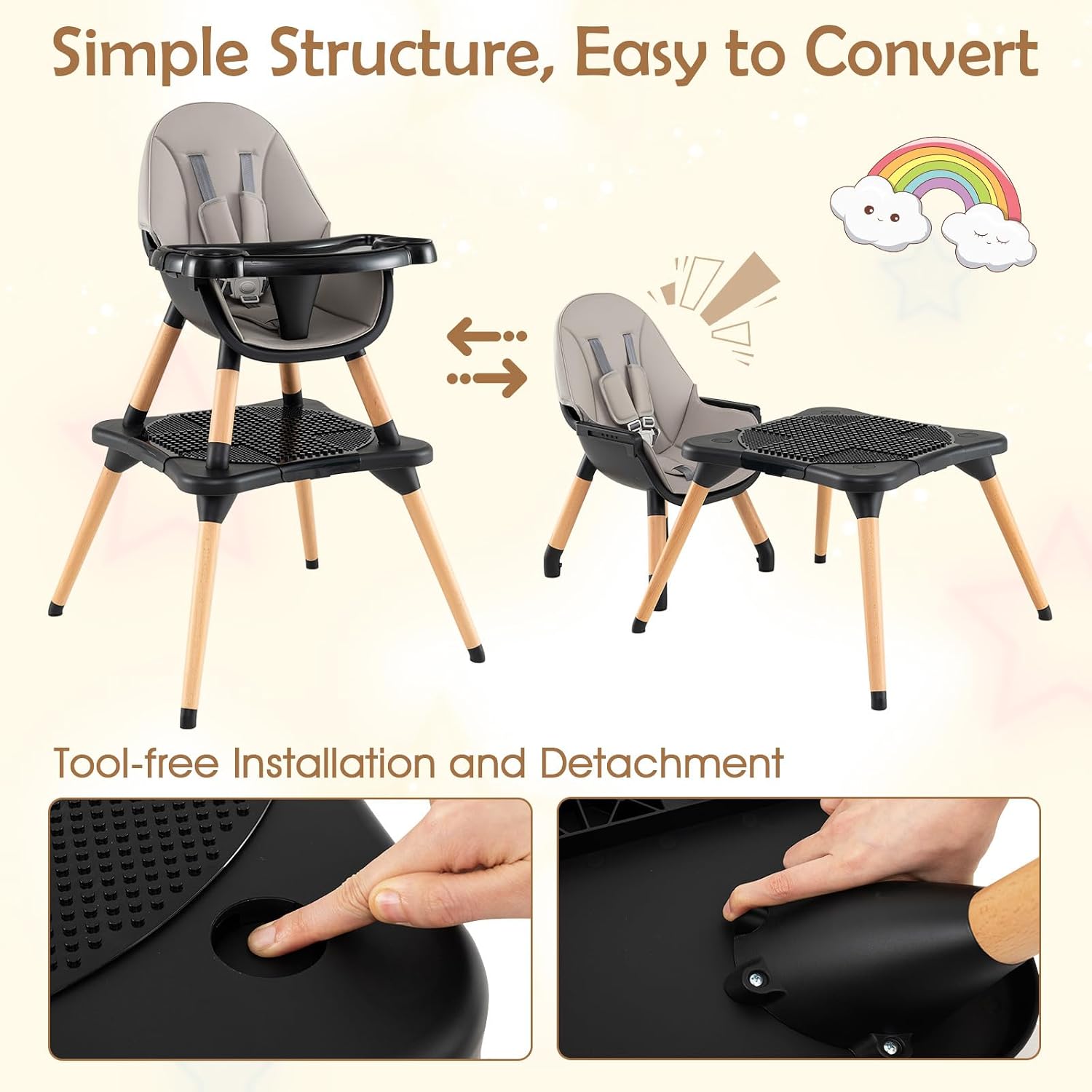 GLACER High Chair, 6-in-1 Convertible Wooden High Chairs for Babies and Toddlers w/Building Block Table, 5-Point Safety Harness, Removable Tray, PU Cushioned Baby High Chair for 6-36 Months (Black)