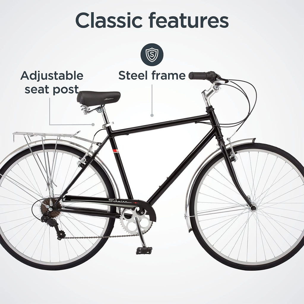 Schwinn Wayfarer Hybrid Bike, 700c Mens and Womens Bike, 7-Speed Hybrid Bicycle, Retro Steel Frame, Front and Rear Linear Pull Brakes, Fenders, Cargo Space, Adult Bicycle
