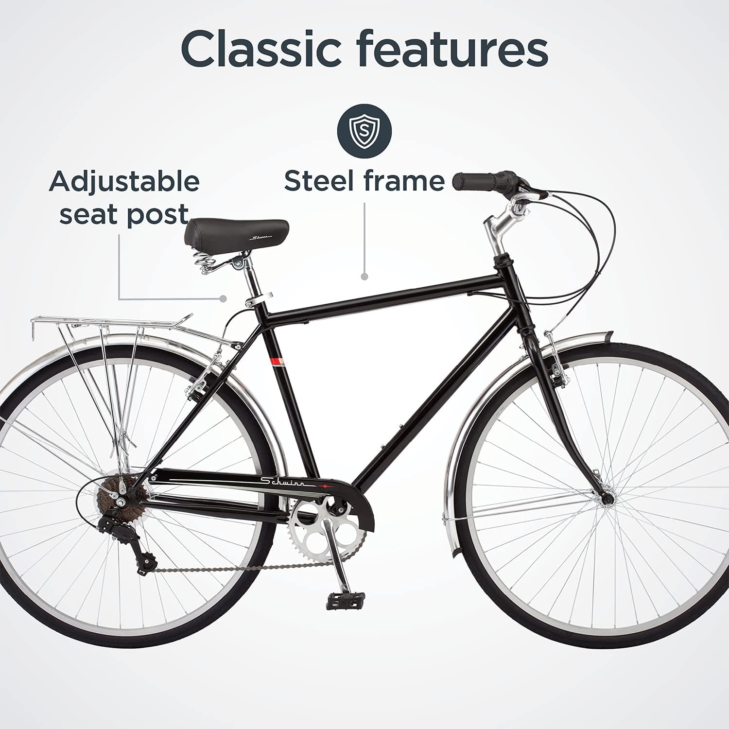 Schwinn Wayfarer Hybrid Bike, 700c Mens and Womens Bike, 7-Speed Hybrid Bicycle, Retro Steel Frame, Front and Rear Linear Pull Brakes, Fenders, Cargo Space, Adult Bicycle