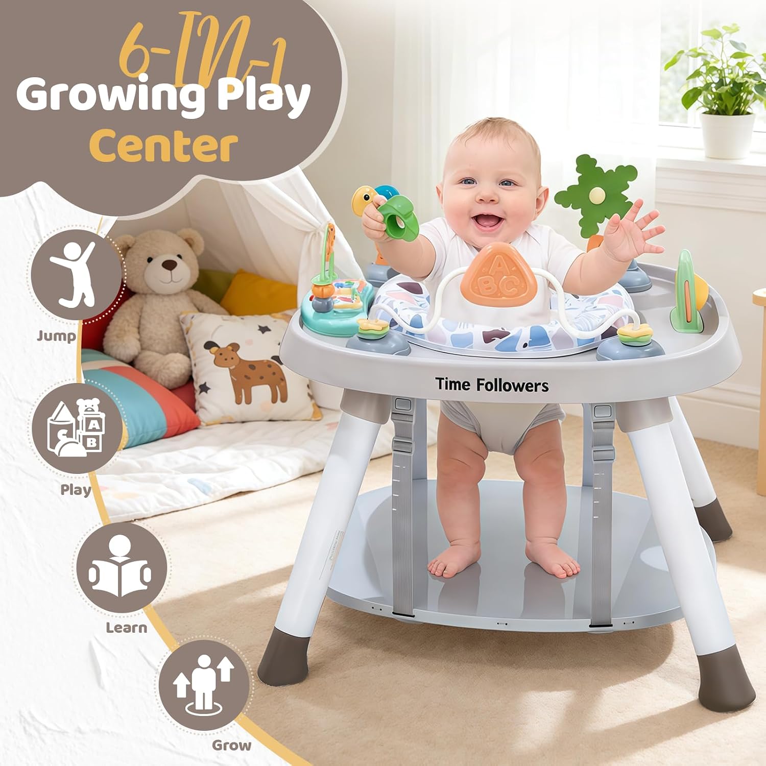 Time Followers® 6-in-1 Baby Activity Center | 4 Stage Montessori-Inspired Toys | Grow Stationary Standing Toddler Table | Jumpers & Bouncers | Must Have for Boy & Girl 6, 12, 24+ Month Old (Beige)