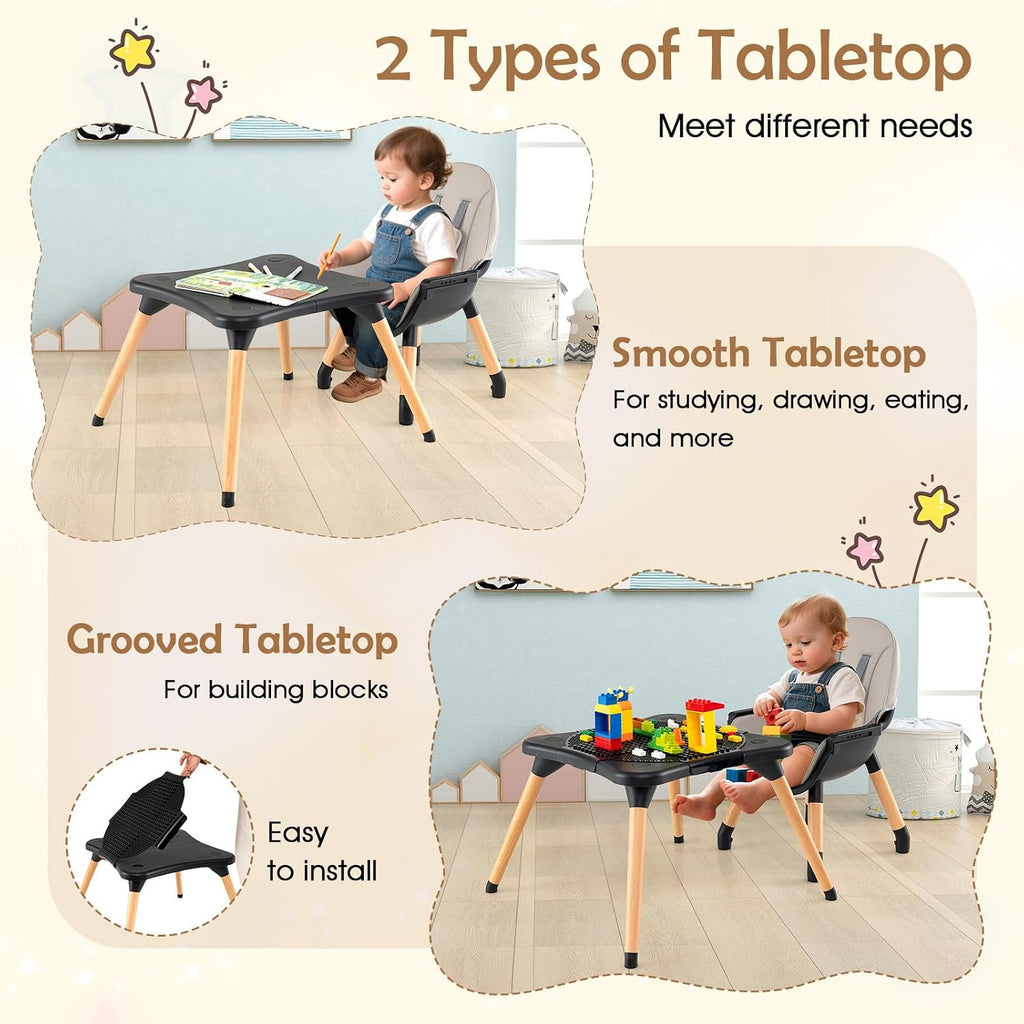 GLACER High Chair, 6-in-1 Convertible Wooden High Chairs for Babies and Toddlers w/Building Block Table, 5-Point Safety Harness, Removable Tray, PU Cushioned Baby High Chair for 6-36 Months (Black)