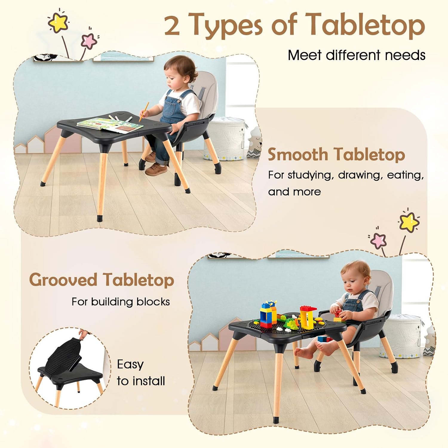GLACER High Chair, 6-in-1 Convertible Wooden High Chairs for Babies and Toddlers w/Building Block Table, 5-Point Safety Harness, Removable Tray, PU Cushioned Baby High Chair for 6-36 Months (Black)