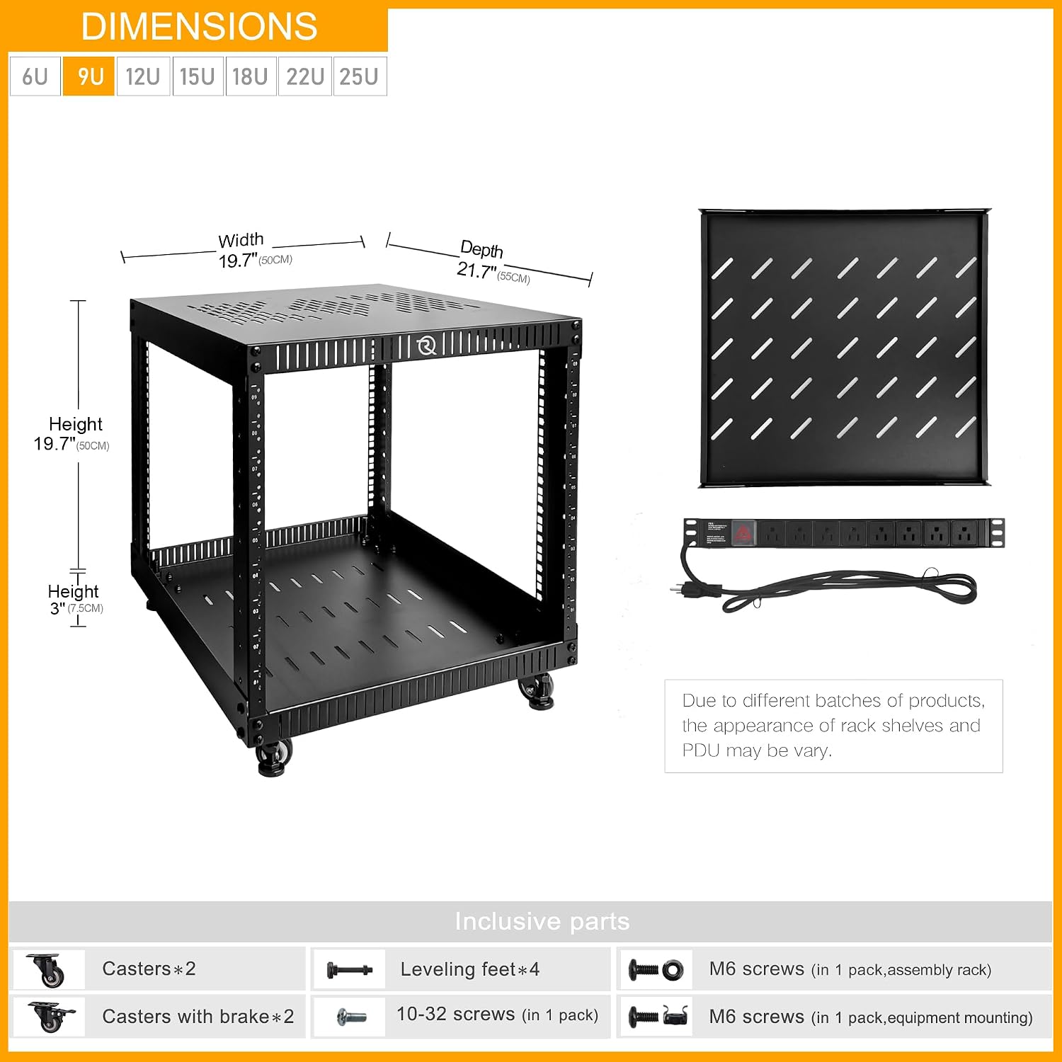 RIVECO 9U Network Rack with Reinforced Top Cover - 4 Post Floor Rack on Wheels for 19' Equipment & Stereo Gear- Including Rack Mount Power Strip & 1PCS 1U Rack Shelf