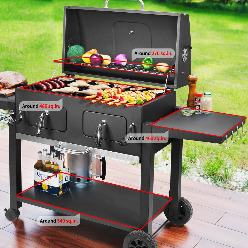 Kenadne Charcoal Grill Outdoor BBQ Grill, Extra Large Cooking Area 794 Square Inches with Two Individual & Adjustable Charcoal Tray, Foldable Side Tables for Outdoor Cooking grill Backyard
