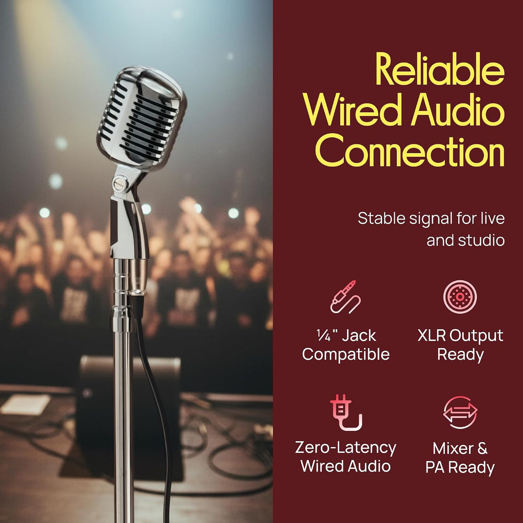 Pyle Retro Microphone, Classic Vintage Style, Unidirectional Audio, Adjustable Stand, XLR Cable, Silver Finish, Dynamic Vocal Performance Mic with 49-69' Swing Stand and Detachable Microphone