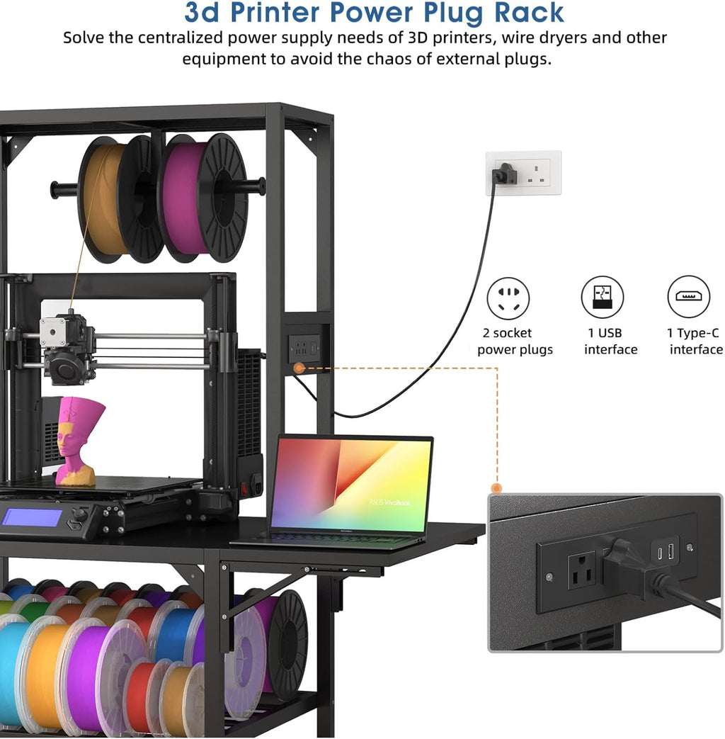 3D Printer Stand Heavy Duty 3D Printer Table with Workbench Filament Storage Rack T-Shaped Spools Holder Rack Wheels for Office Home