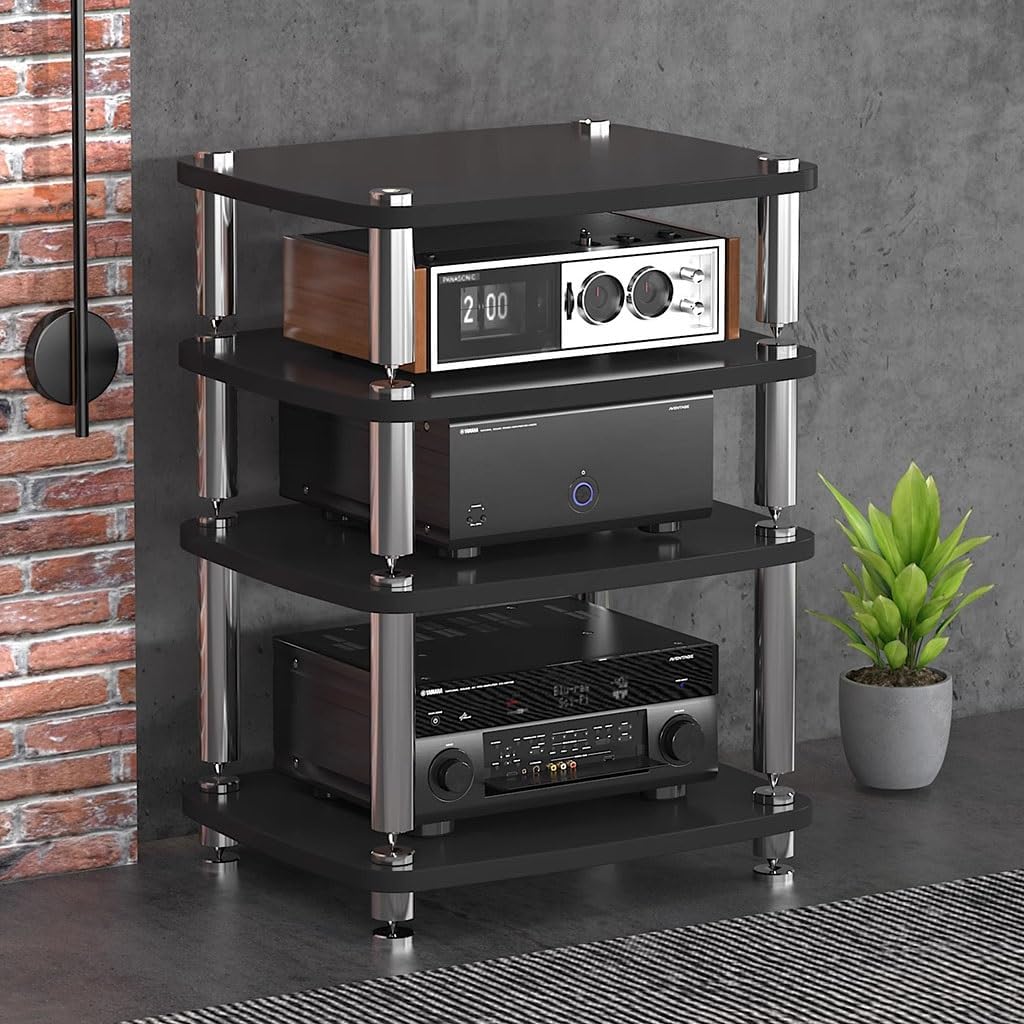 1/2/3/4-layer HiFi Audio Cabinet HiFi Stand Record Player MDF Stand Audio Rack with Shock-Absorbing Feet Power Amplifier Shelf Equipment Cabinet (Color : Black, Size : 60 * 48 * 76cm(4Tier))