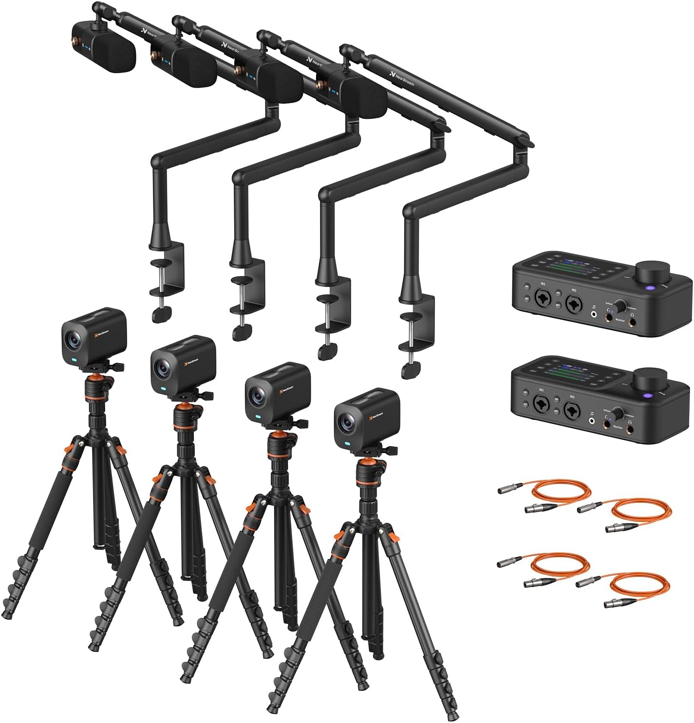 NearStream PodPro Quad Podcast Equipment Bundle for 4, Podcast Bundle Includes 4 VM20 Streaming Camera, 4 AM25X Microphone, 4 ST20 Boom Arm, 2 AMIX40U Audio Mixer, 4 Camera Tripod and 4 XLR Cables