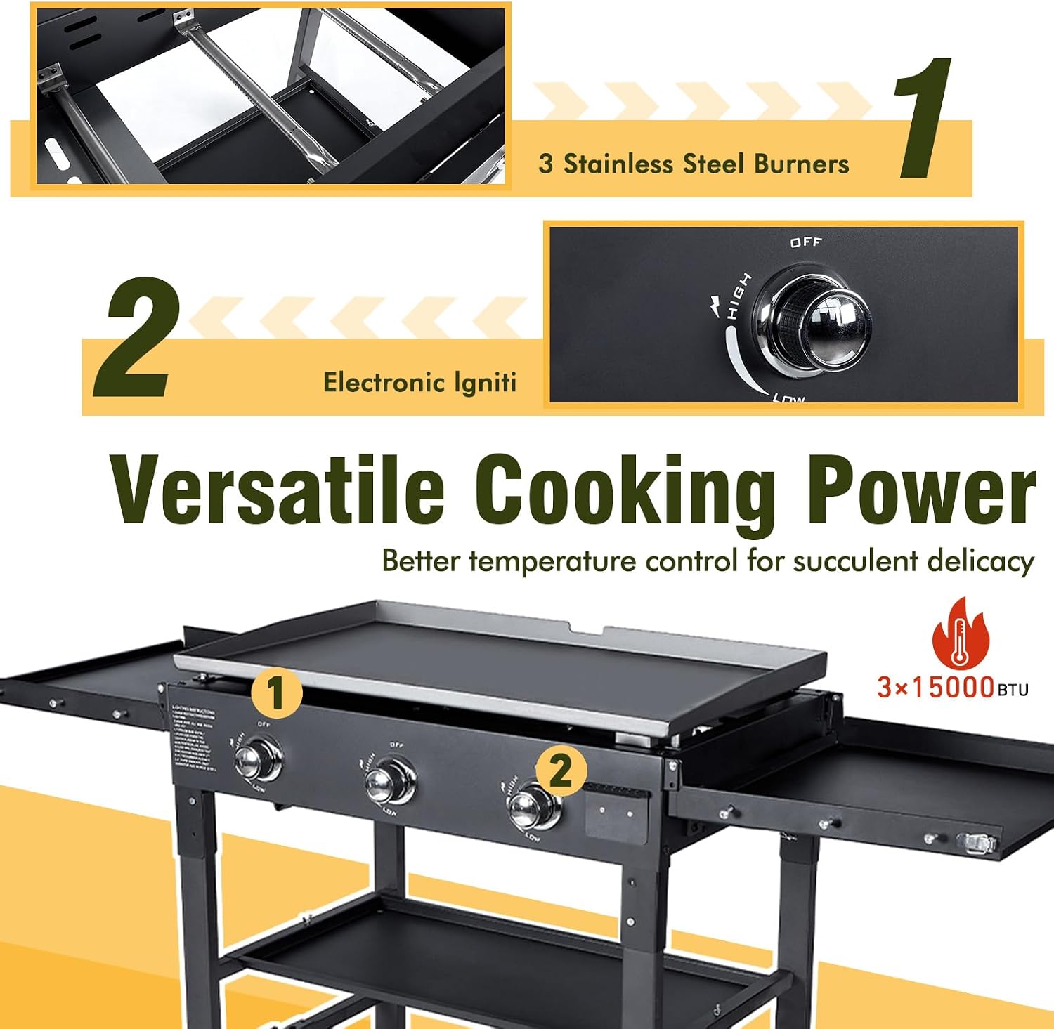 BESTFIRE Foldable Flat Top Grill, Outdoor Griddle-3 Burner Propane Griddle with Two Foldable Shelves,36' Flat Grills Outdoor-45,000 BTU Gas Grill for BBQ& Outdoor Cooking,Black