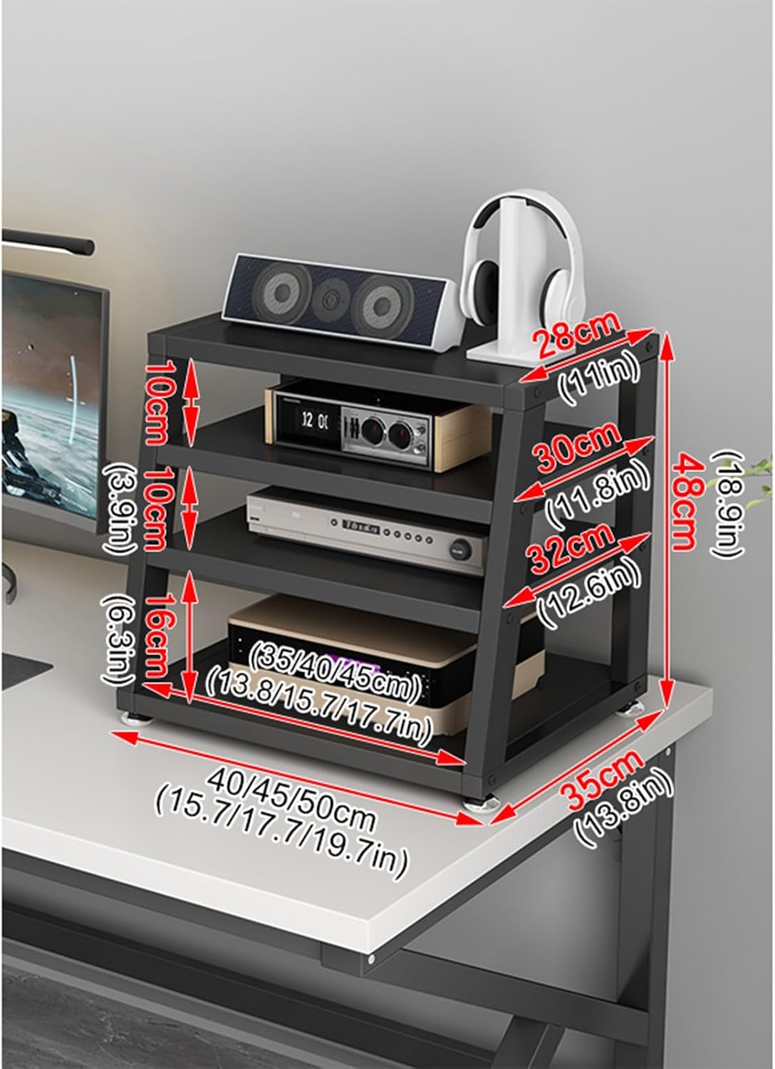 2/3/4-Tier AV Media Stand Desktop or Floor-Standing Audio Rack CD Player Stand Home Corner Stereo Equipments Components Cabinet Multi-Function Open Storage Shelf with Wooden Shelves(A-4 Tier,40cm(15.7