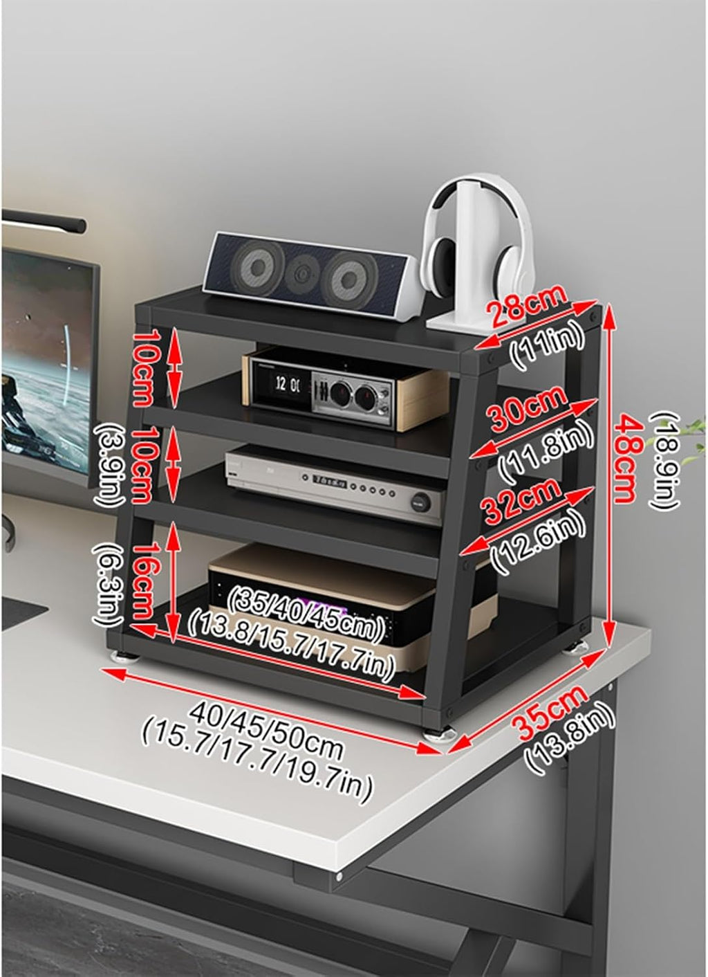 2/3/4-Tier AV Media Stand Desktop or Floor-Standing Audio Rack CD Player Stand Home Corner Stereo Equipments Components Cabinet Multi-Function Open Storage Shelf with Wooden Shelves(A-4 Tier,45cm(17.7