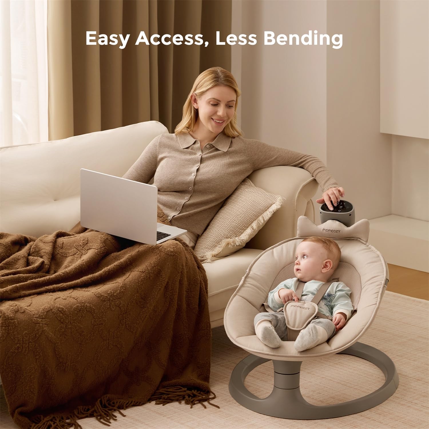 Momcozy 2-in-1 Electric Baby Swing, Dual-Arm Support System & Parent-Inspired Motions, Convertible to Toddler Seat up to 66 lbs, Adjustable Height, Lightweight, Khaki