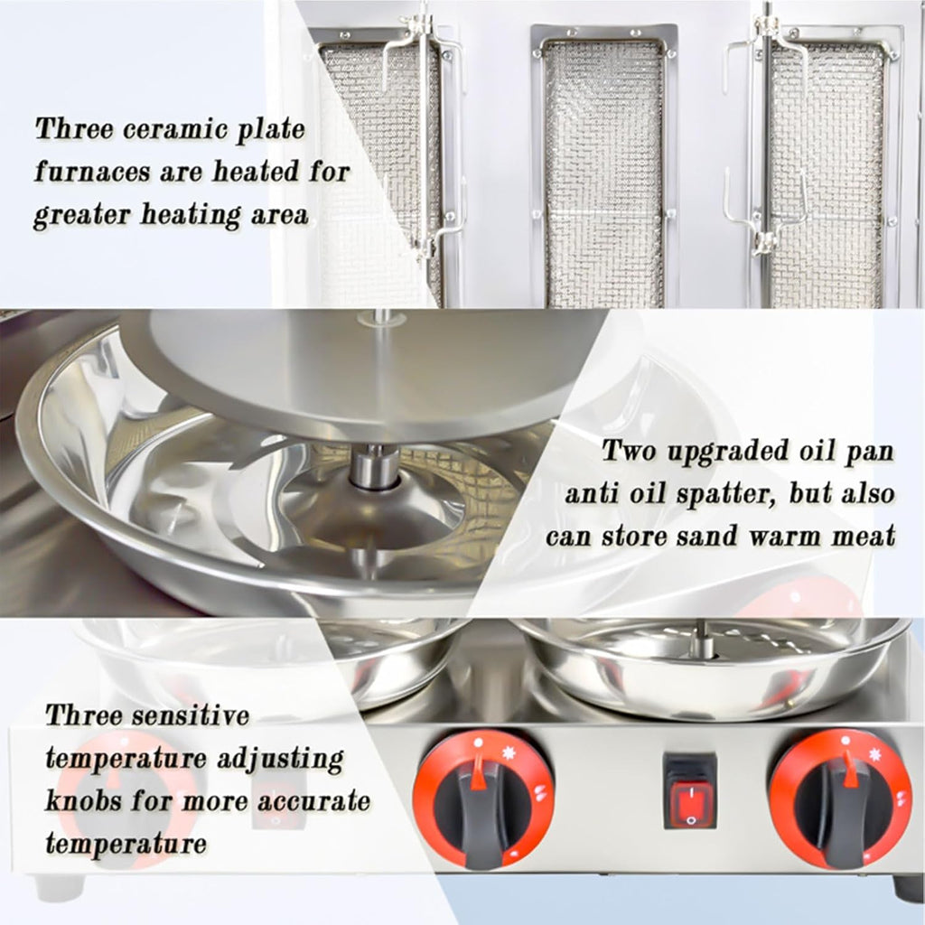 Shawarma Machine 3 Burners Kebab Grill Vertical Rotisserie with 2 Auto Spinning spits for Meat Rotisserie, Chicken Roast, Silver