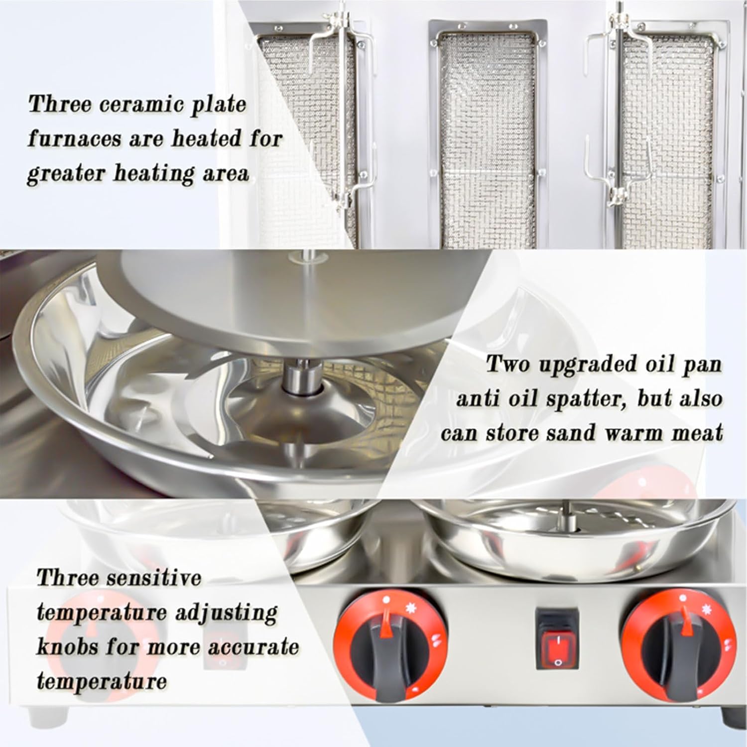 Shawarma Machine 3 Burners Kebab Grill Vertical Rotisserie with 2 Auto Spinning spits for Meat Rotisserie, Chicken Roast, Silver