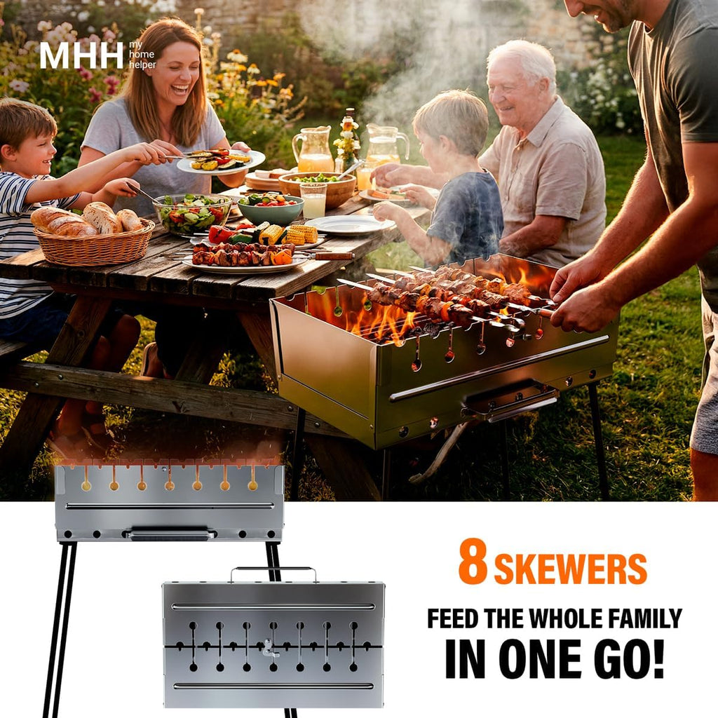 Stainless Steel Charcoal Grill for 8 Skewers – Portable BBQ 16.93'×11.81'×21.26' – Foldable Kabob Mangal – Rustproof Shish Kebab Grill for Outdoor Cooking (Skewers Not Included)