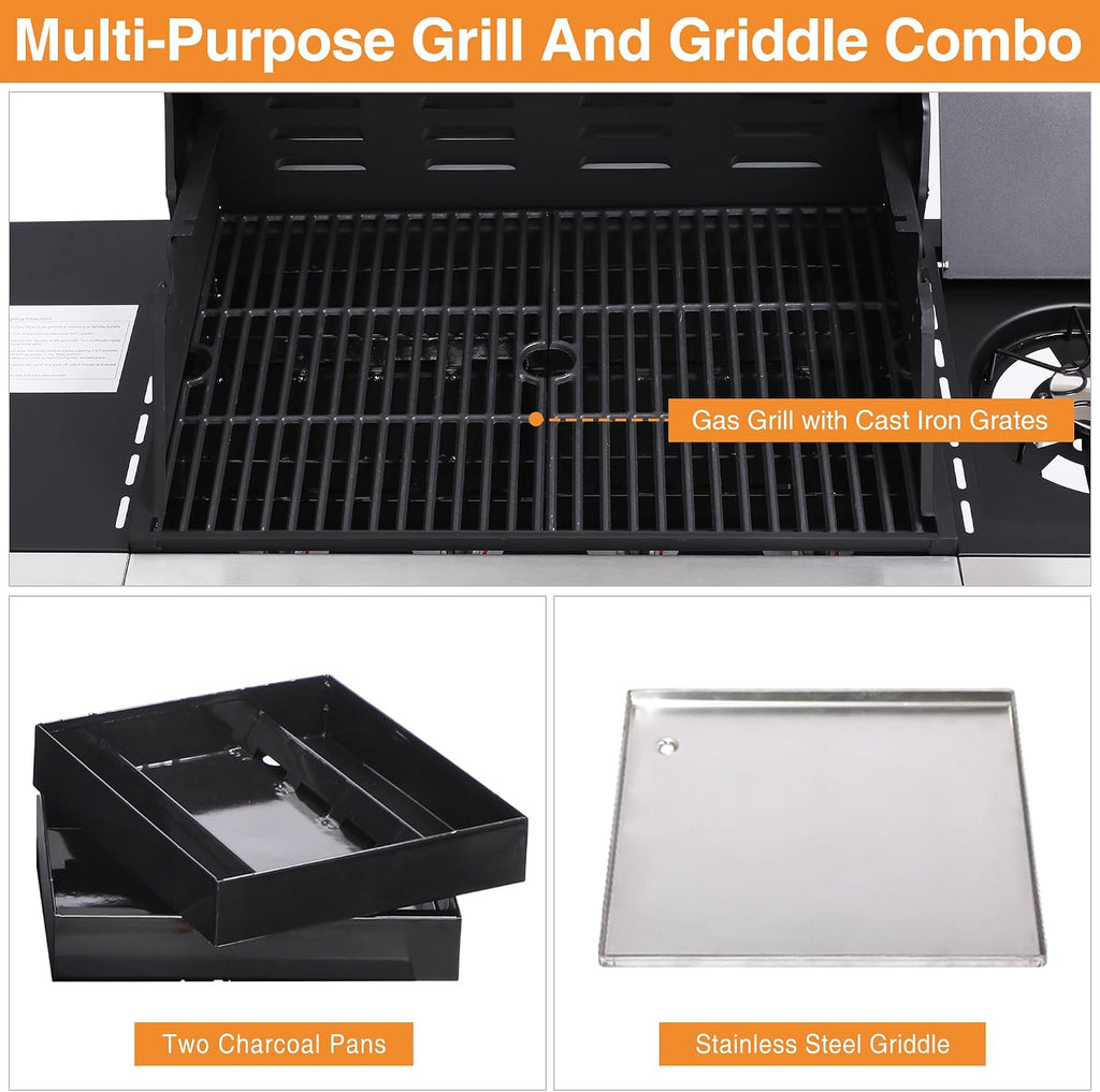Dual Fuel 4-Burner Propane Gas Grill with Side Burner & Charcoal Trays | Outdoor BBQ & Griddle Combo with Cast Iron Grates, Stainless Steel Flat Top 448 sq. in. for Backyard Patio Camping