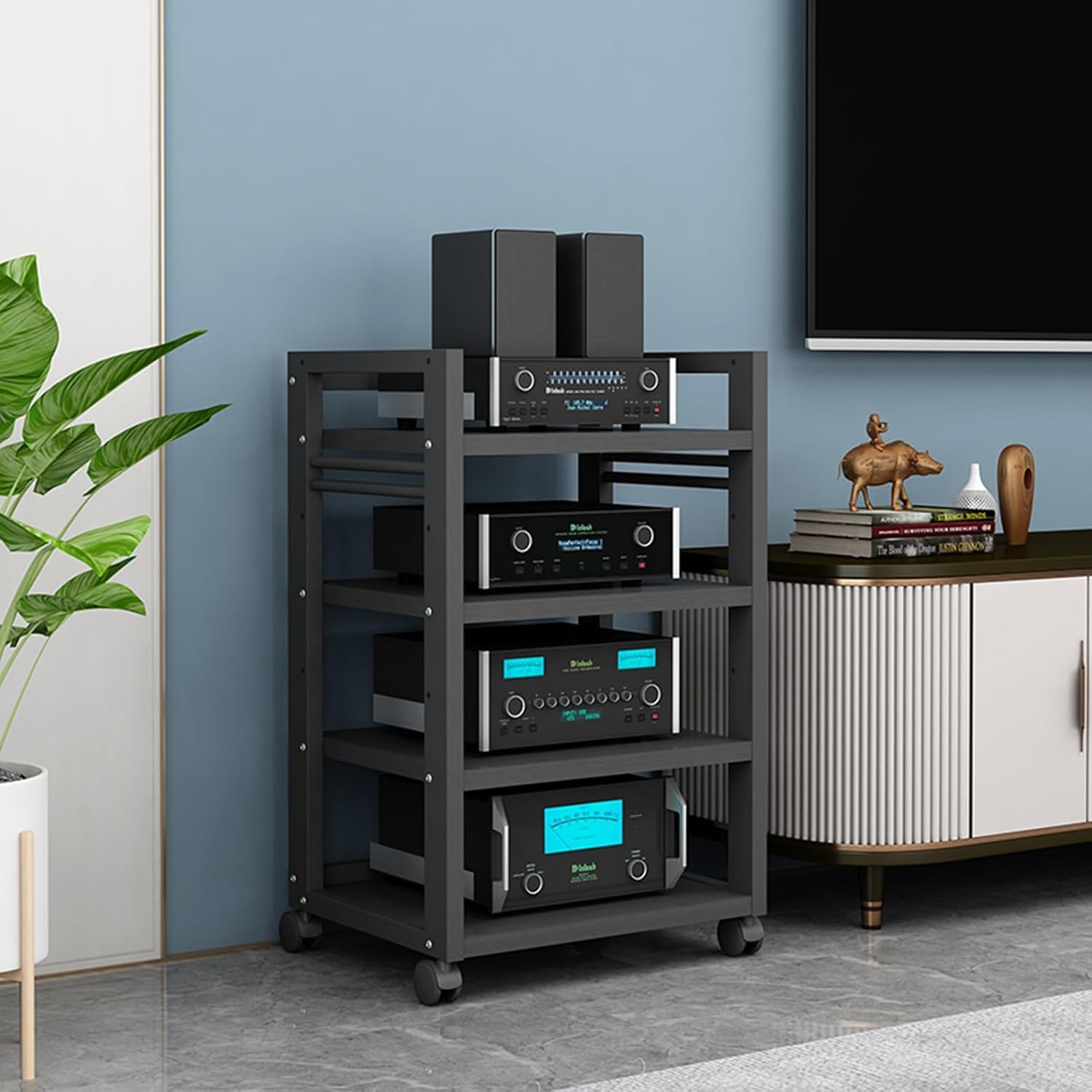 Open 4-Tier Media Stand Audio Video Component Cabinet DVD CD Player Stand Stereo Power Amplifier Equipment Storage Rack with Height Adjustable Wooden Shelf for Home/Office/Theater (Color : C)