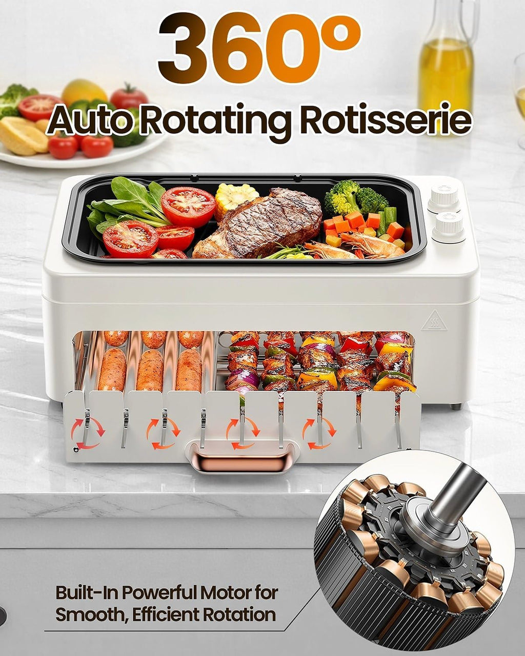 XHJ 4-in-1 Electric Indoor Grill Smokeless for Home,Countertop Electric Grill with Removable Sizzling Grill Pan & Grate + Auto Rotating Kabob Skewers + Electric Hot Dog Roller Dual Zone Cook with Lid