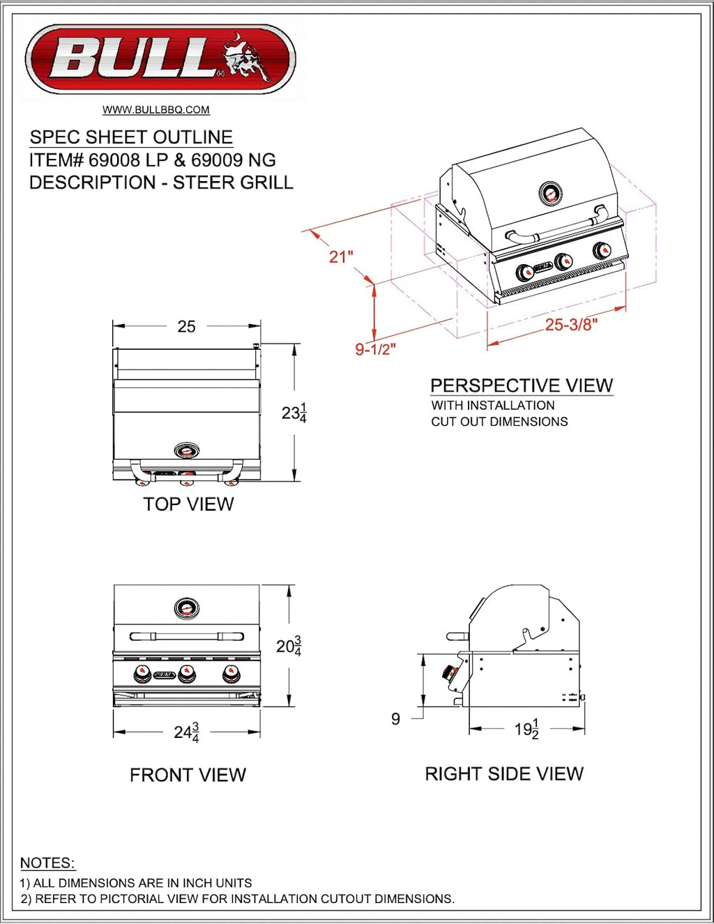 Bull Outdoor Products 69008 LP Steer Premium Drop in Grill, Liquid Propane, Silver