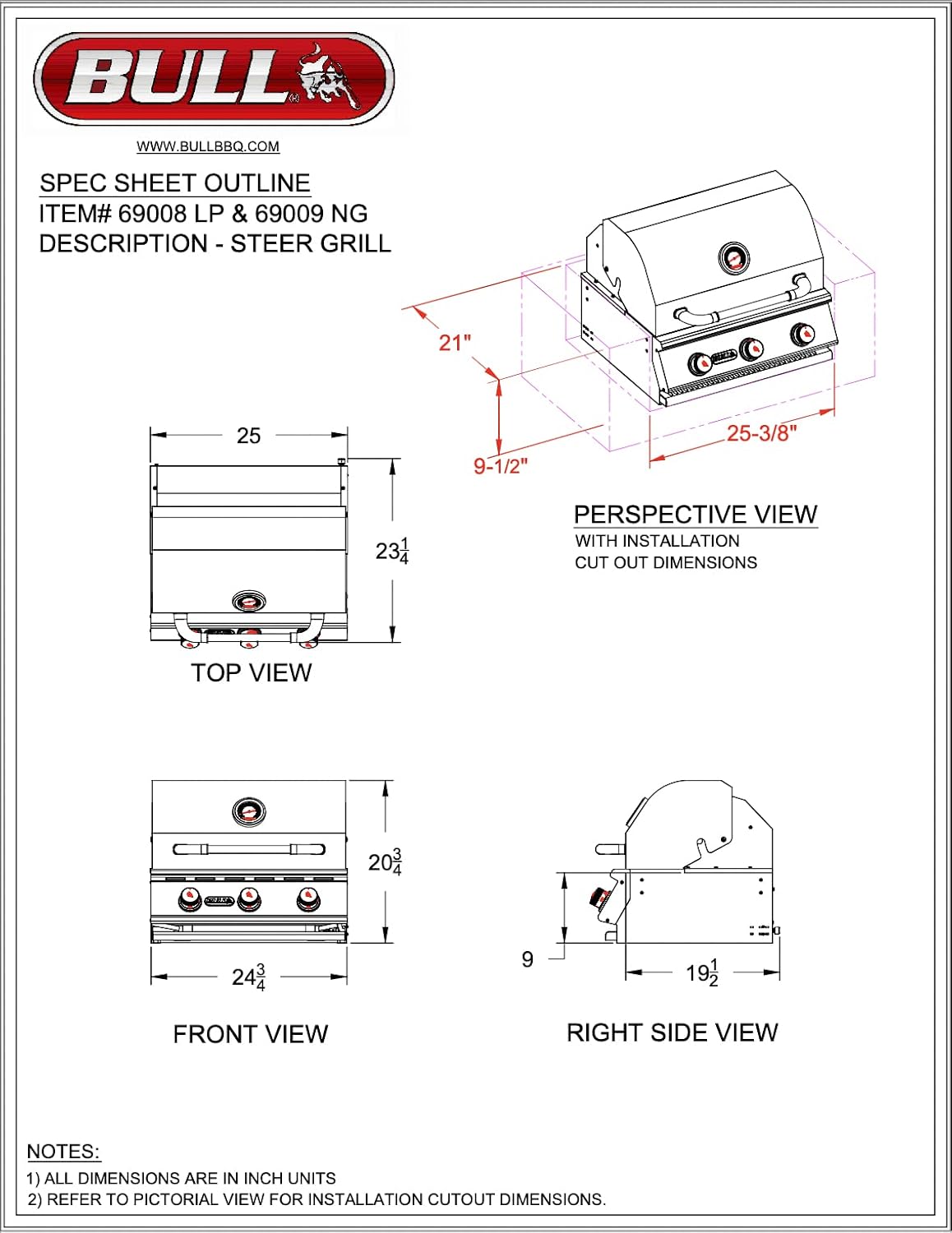 Bull Outdoor Products 69008 LP Steer Premium Drop in Grill, Liquid Propane, Silver
