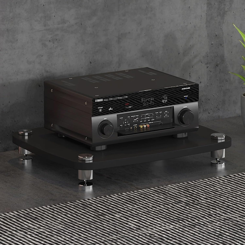 1 Tier Audio Rack with Stainless Steel Legs, Open Media Storage Cabinet, Shock-Absorbing TV Stand, Stylish Black Entertainment Unit, 60x48x10cm for Home Theater