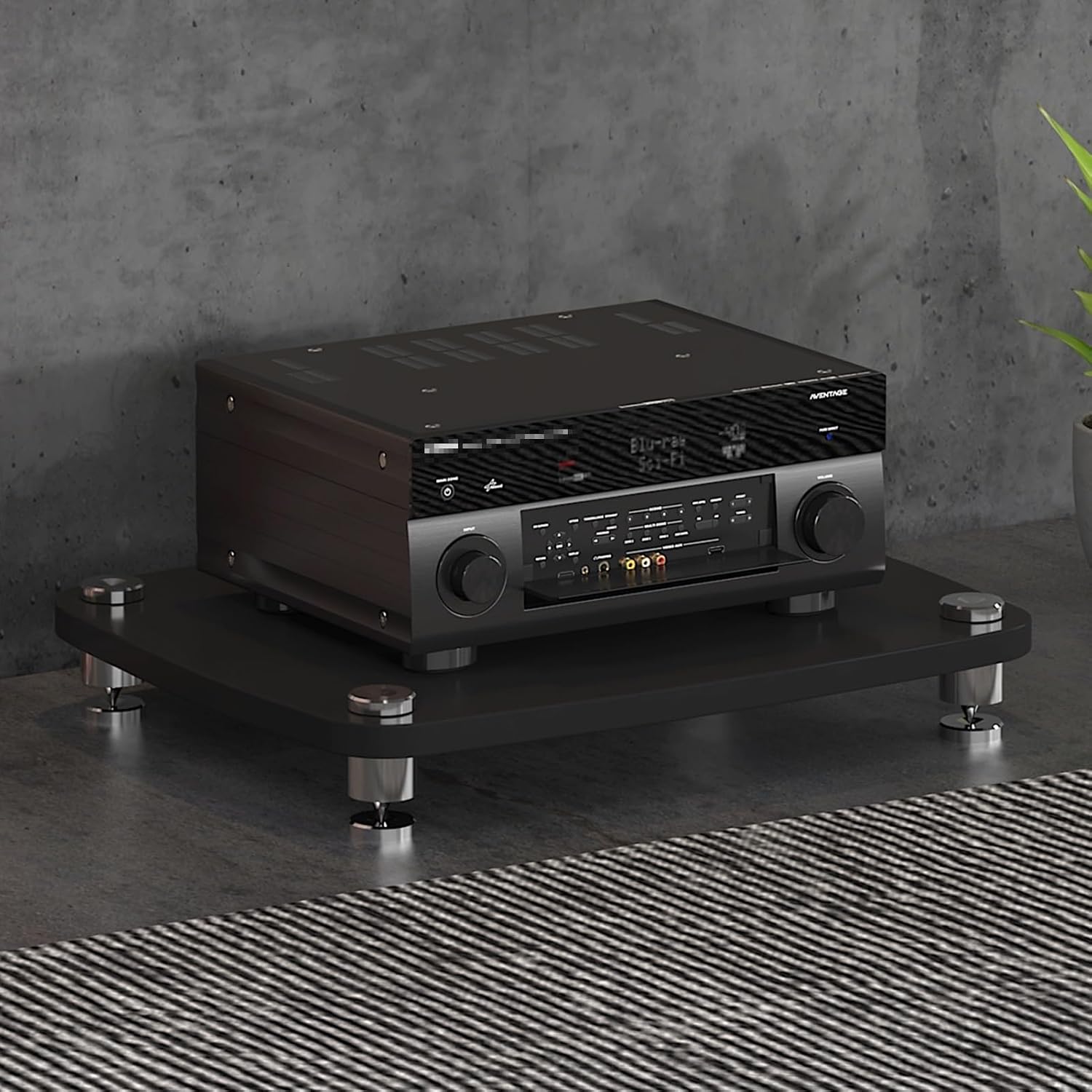 1 Tier Audio Rack with Stainless Steel Legs, Open Media Storage Cabinet, Shock-Absorbing TV Stand, Stylish Black Entertainment Unit, 60x48x10cm for Home Theater