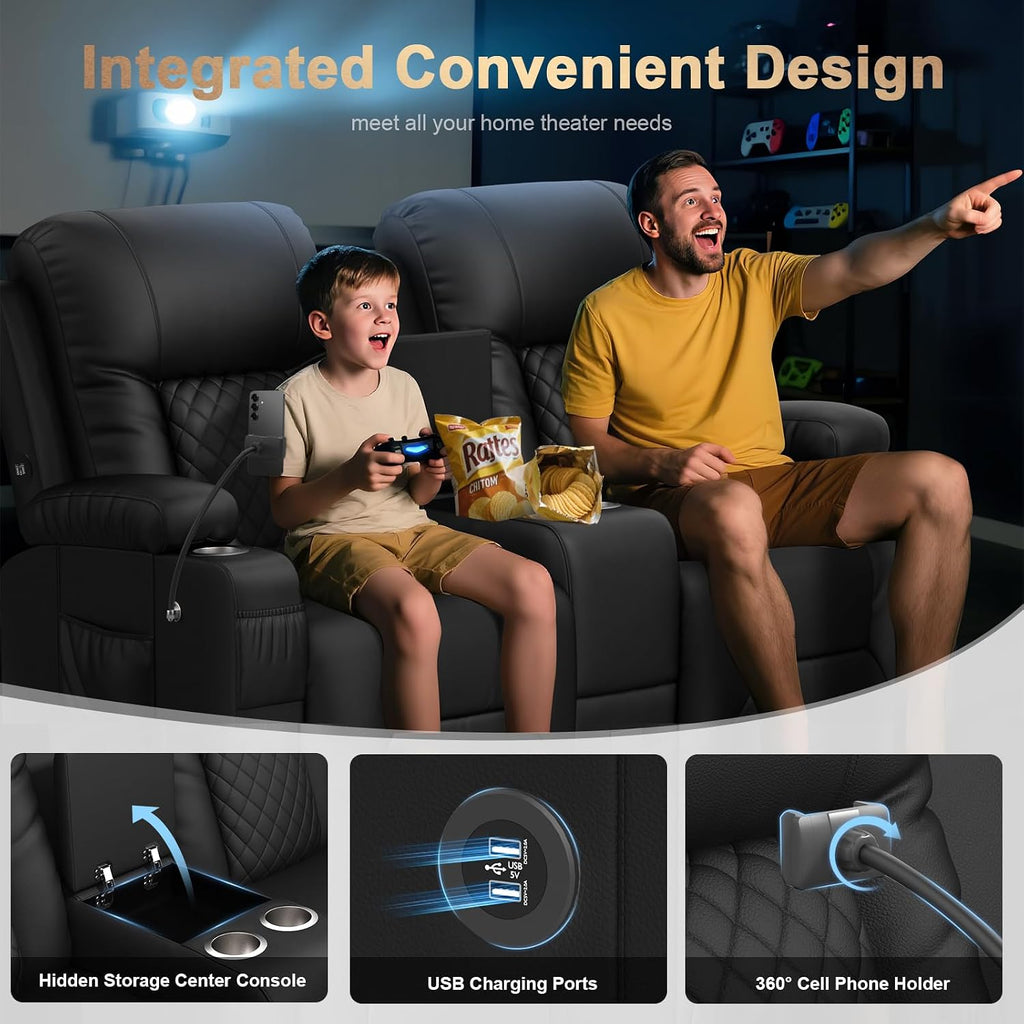 Recliner Sofa Set, Loveseat Recliner Couch and Recliner Chair with Heat & Massage, Home Theater Seating with Console, Drawer, USB Ports & Phone Holders, Reclining Loveseat for Movie Theater